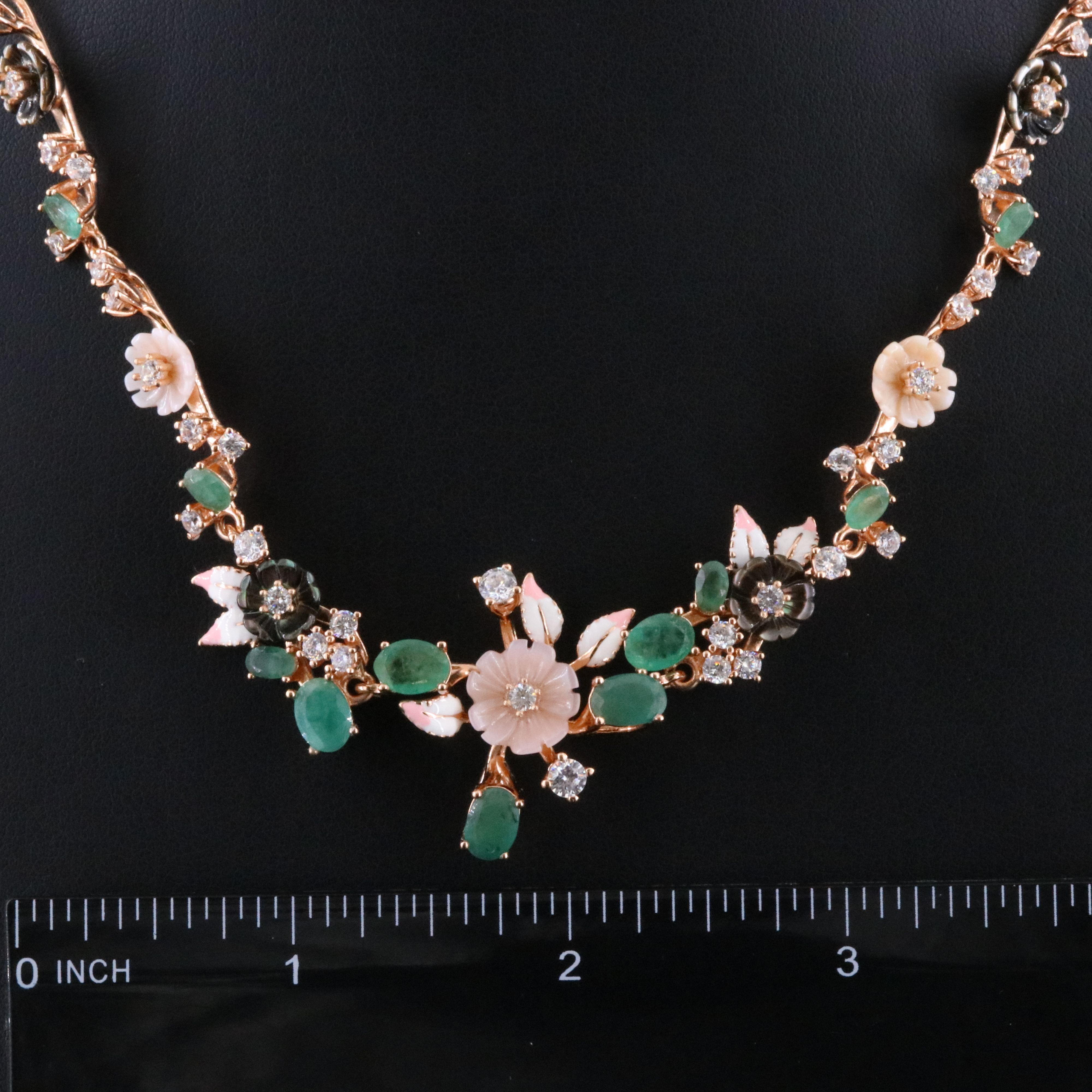 Sterling Mother-of-Pearl, Emerald and CZ Floral Link Necklace