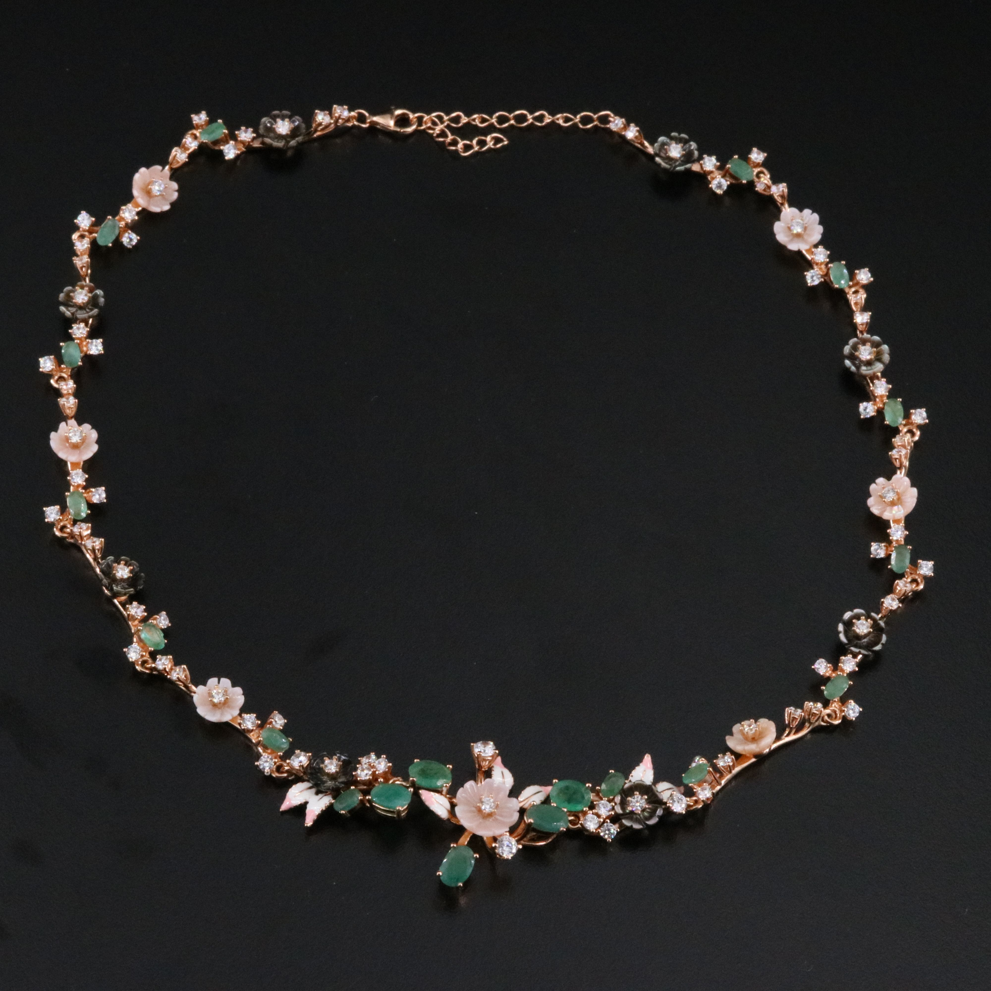 Sterling Mother-of-Pearl, Emerald and CZ Floral Link Necklace