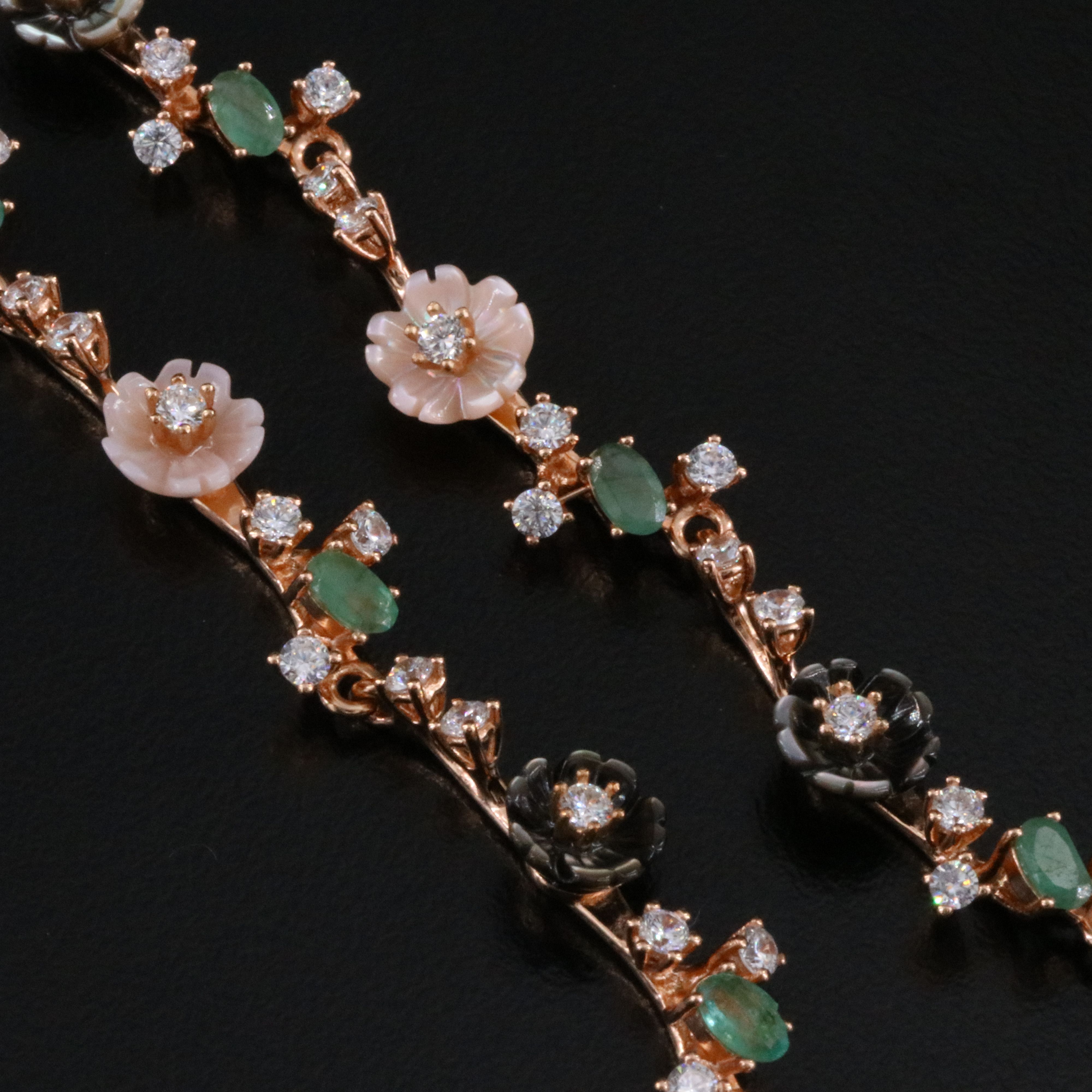 Sterling Mother-of-Pearl, Emerald and CZ Floral Link Necklace