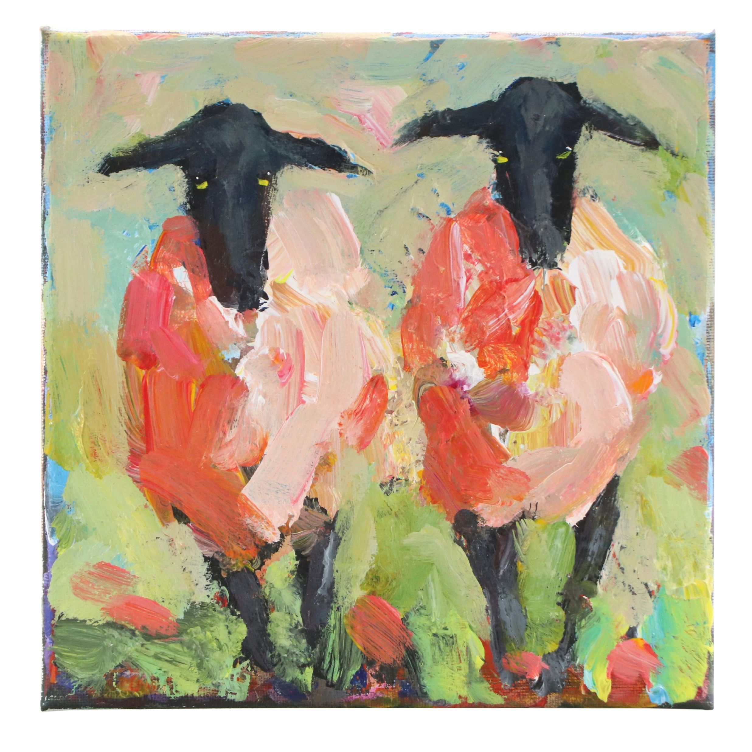 Elle Raines Acrylic Painting of Two Sheep, 21st Century