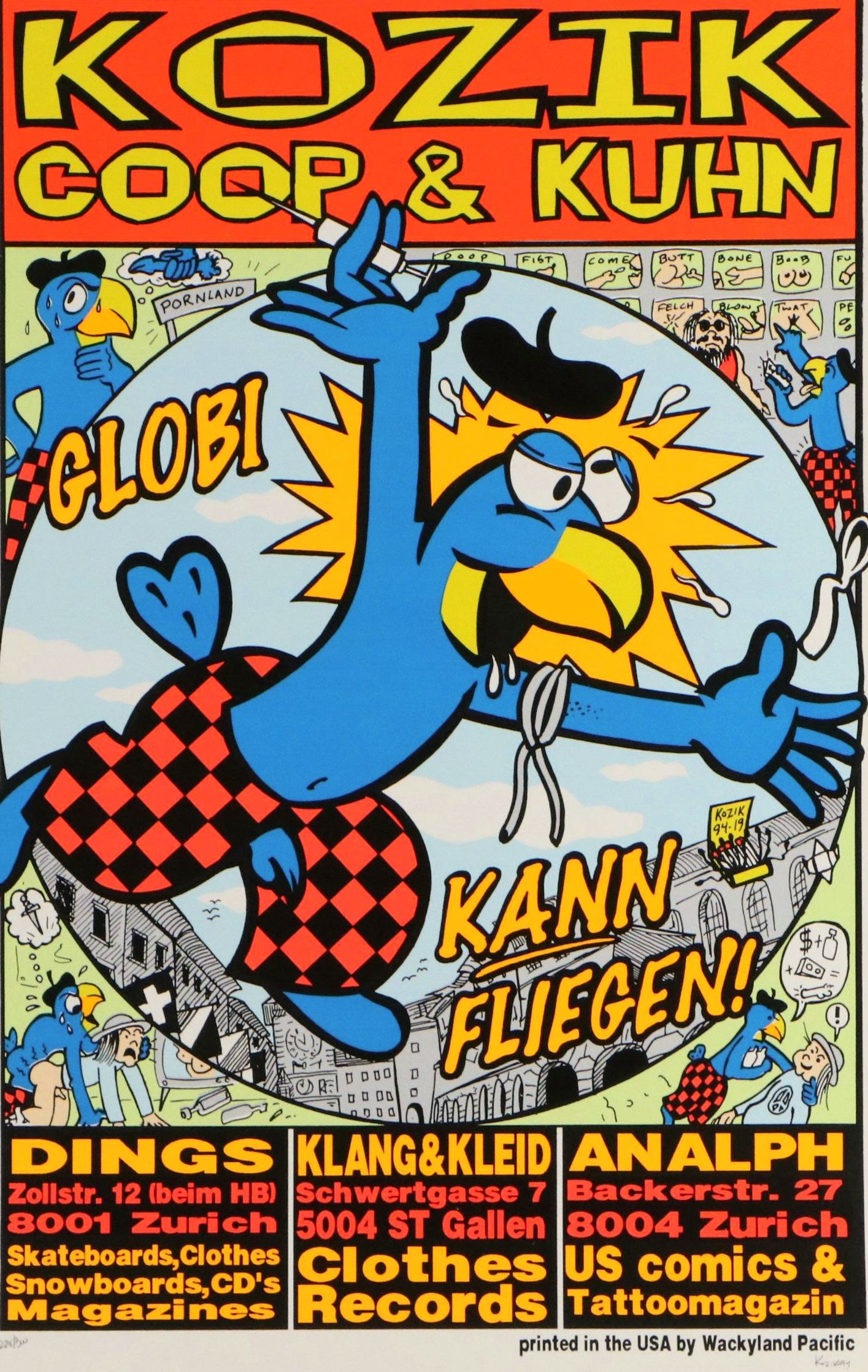 Frank Kozik Promotional Poster "KOZIK COOP & KUHN GLOBI KANN FLIEGEN!"