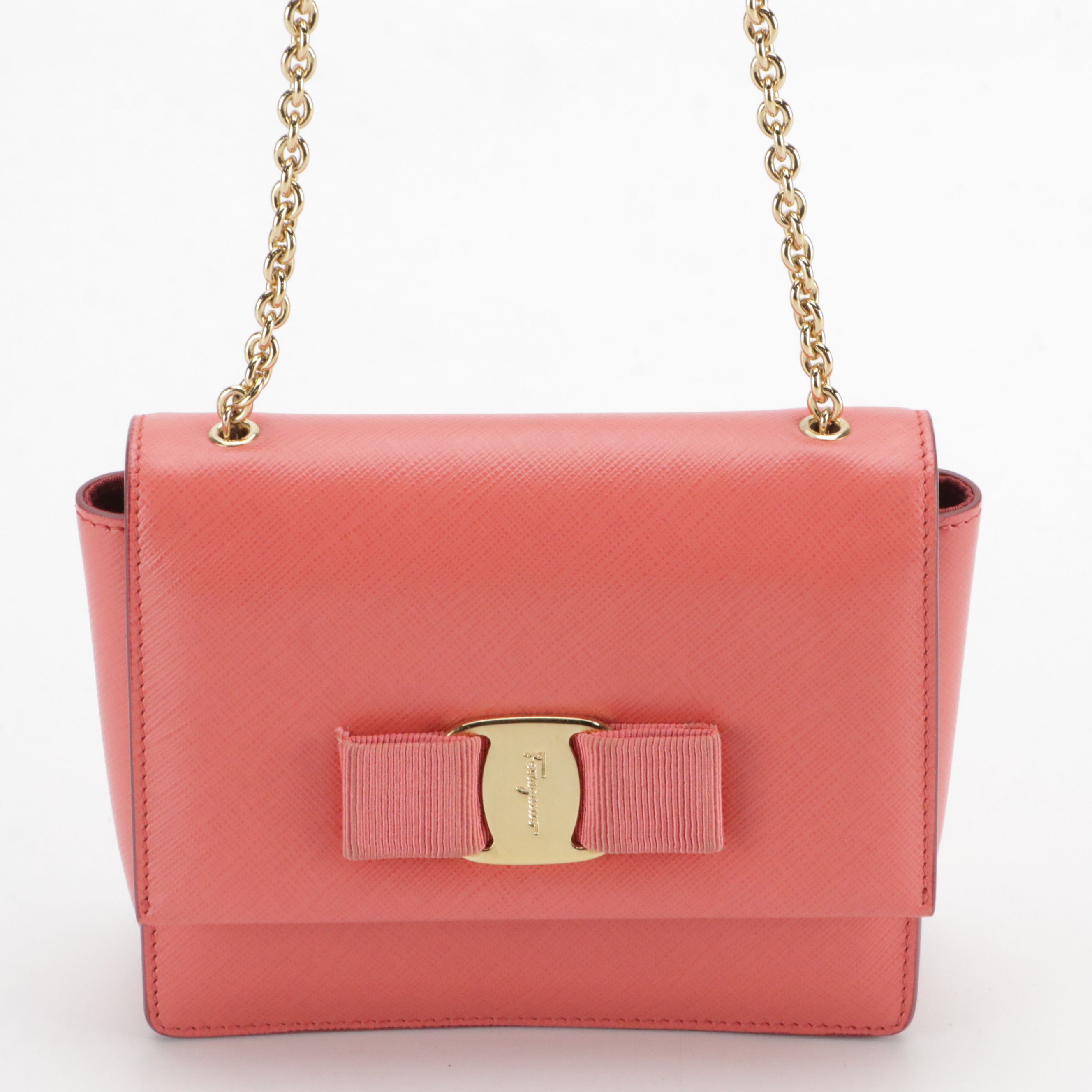 Salvatore Ferragamo Mini Vara Bow Chain Strap Bag in Bright Coral Leather