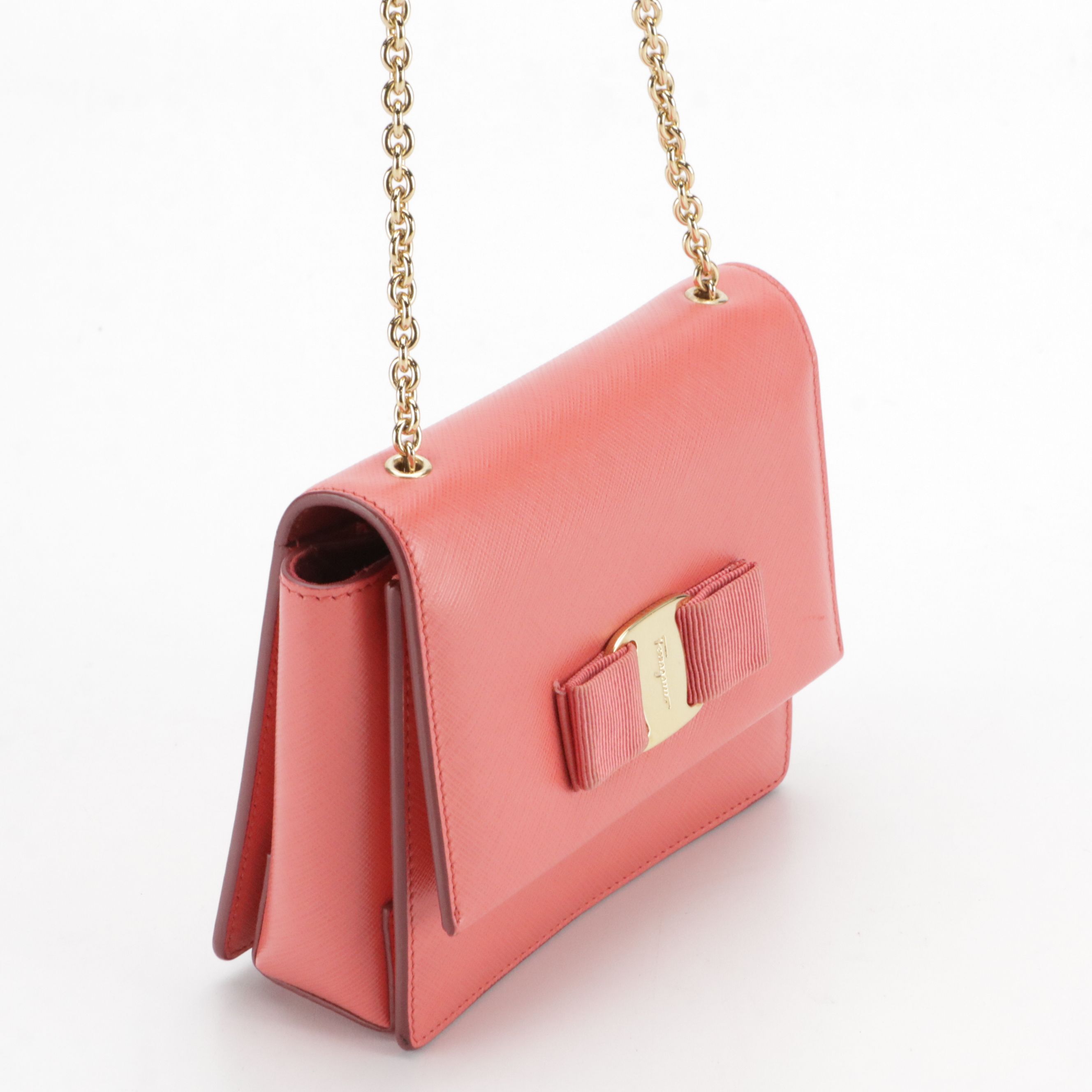 Salvatore Ferragamo Mini Vara Bow Chain Strap Bag in Bright Coral Leather