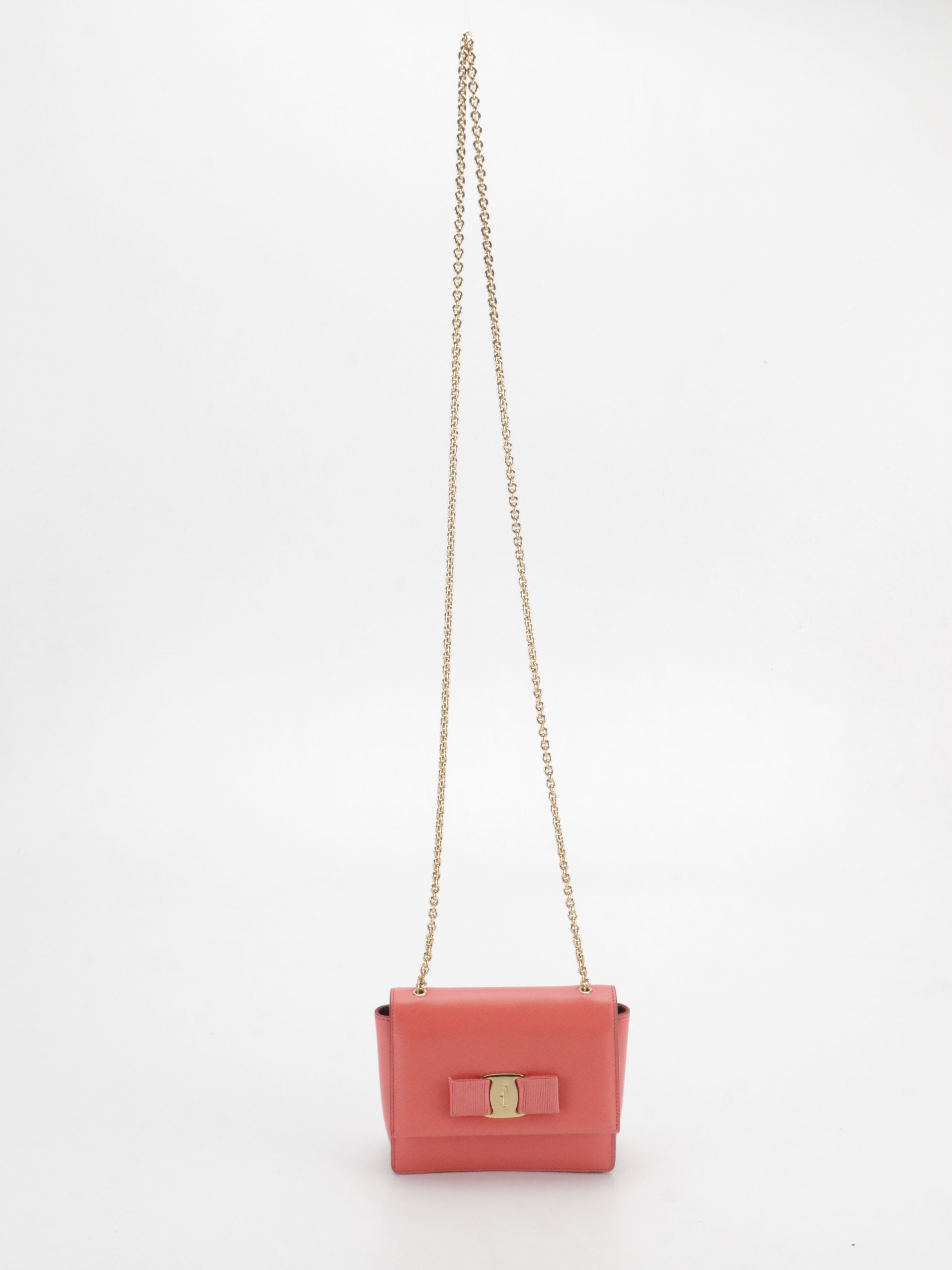 Salvatore Ferragamo Mini Vara Bow Chain Strap Bag in Bright Coral Leather