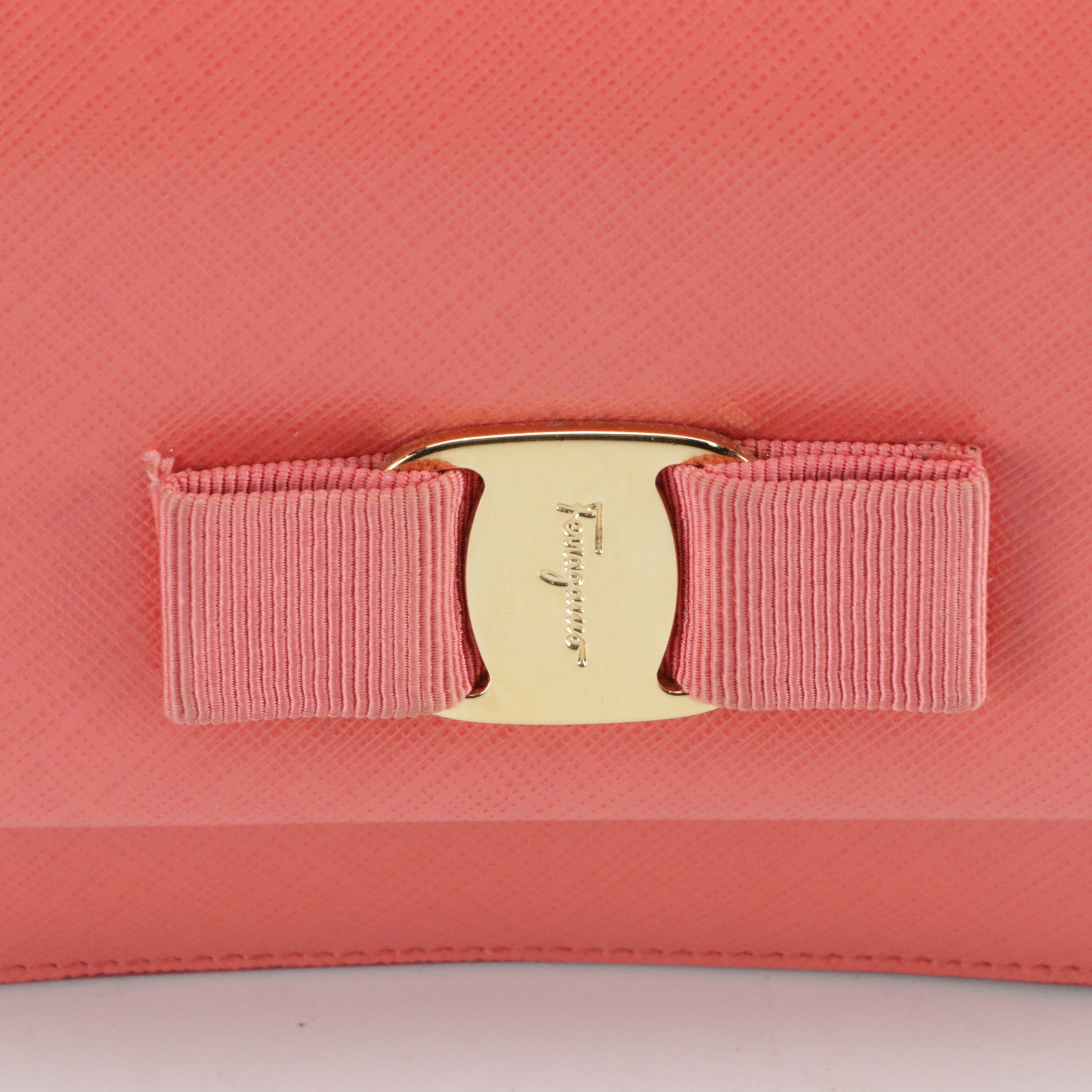 Salvatore Ferragamo Mini Vara Bow Chain Strap Bag in Bright Coral Leather