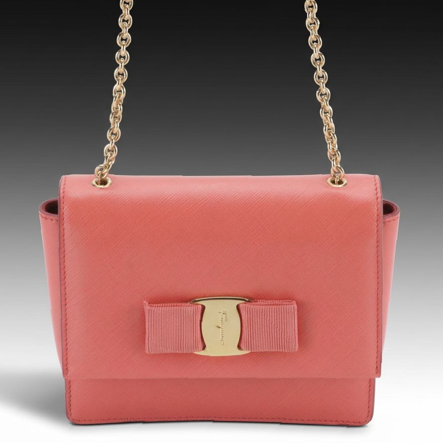 Salvatore Ferragamo Mini Vara Bow Chain Strap Bag in Bright Coral Leather