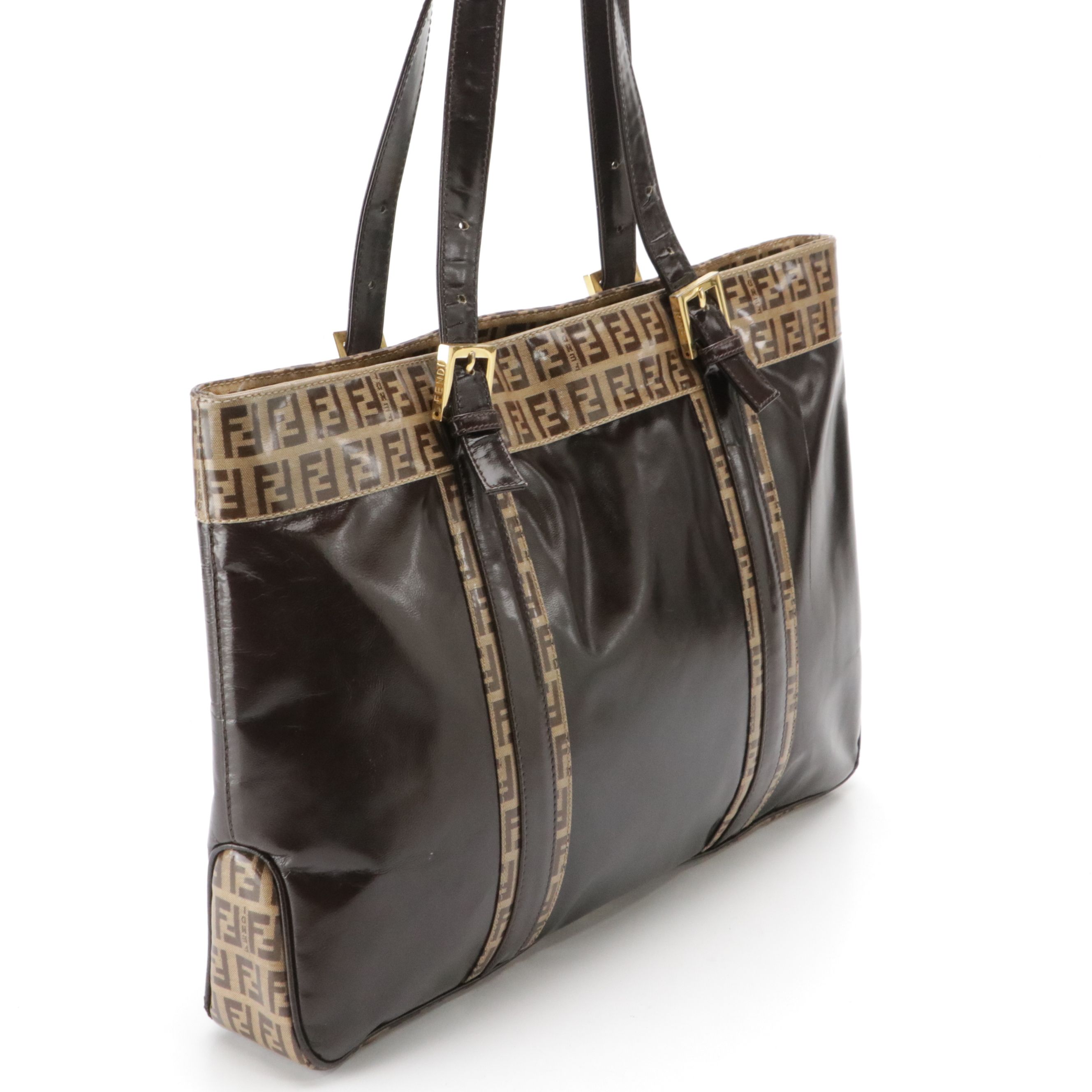 Fendi Zip Tote Bag in Brown Patent Leather and Zucchino Vinyl