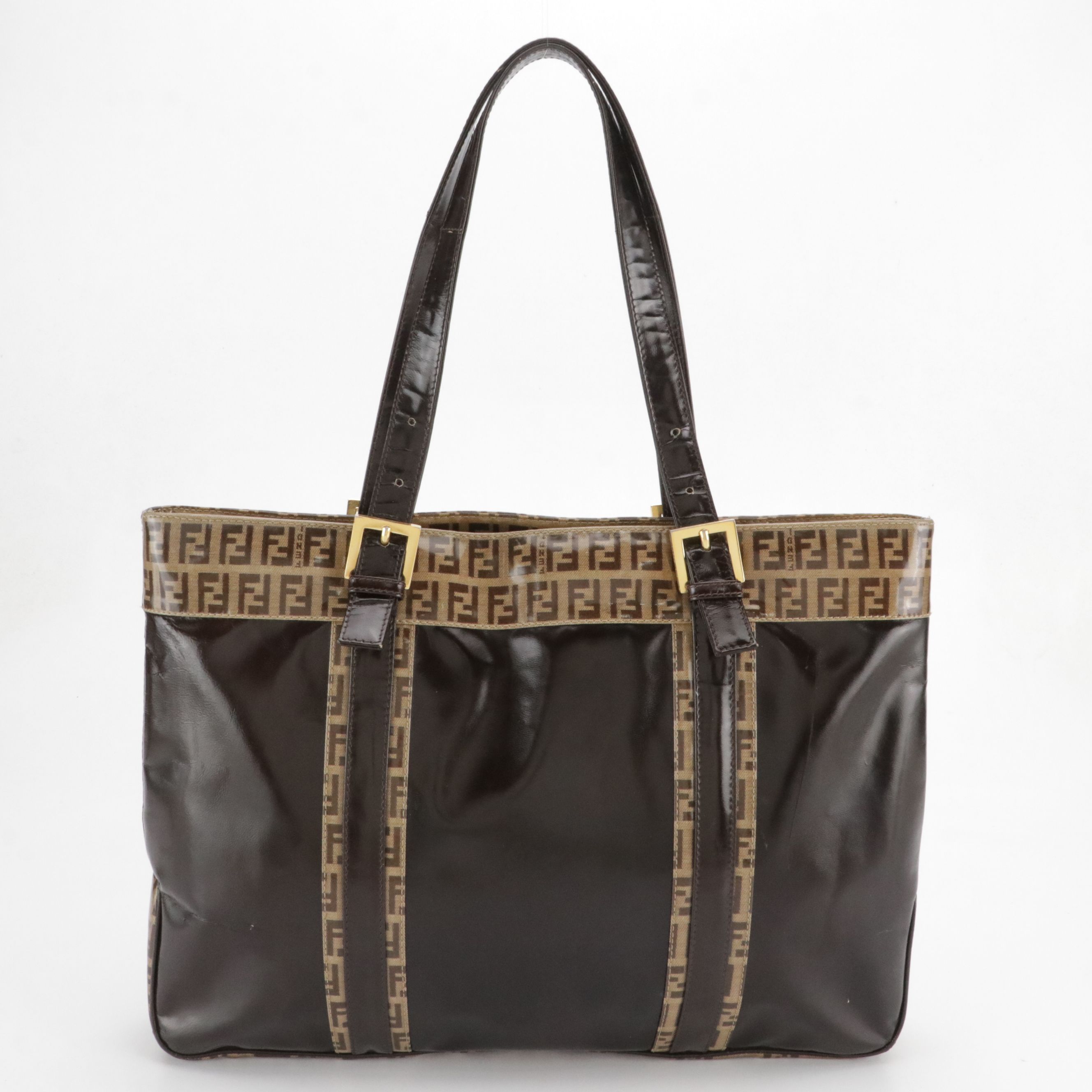 Fendi Zip Tote Bag in Brown Patent Leather and Zucchino Vinyl