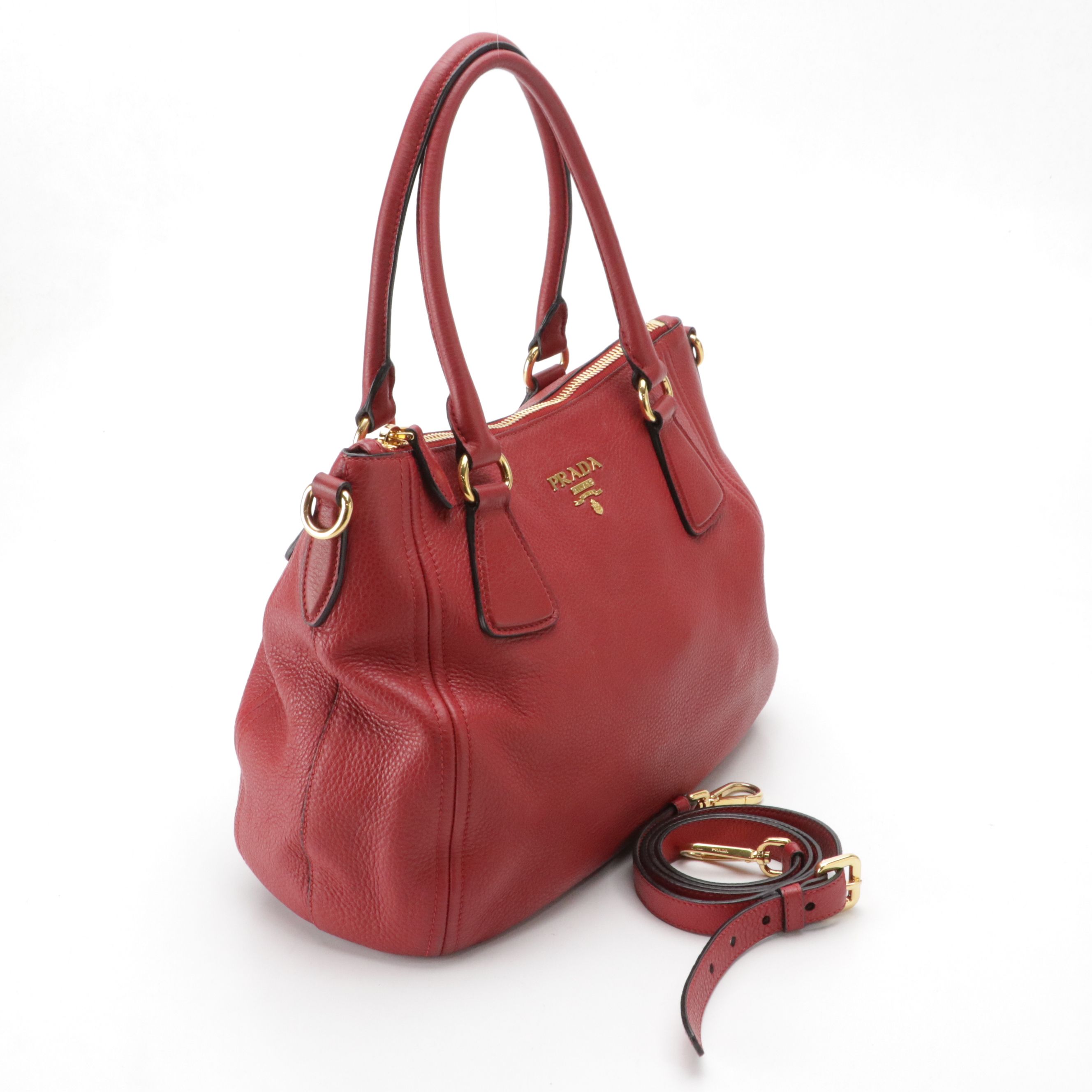 Prada Zippered Two-Way Bag in Scarlett Red Grained Calfskin Leather