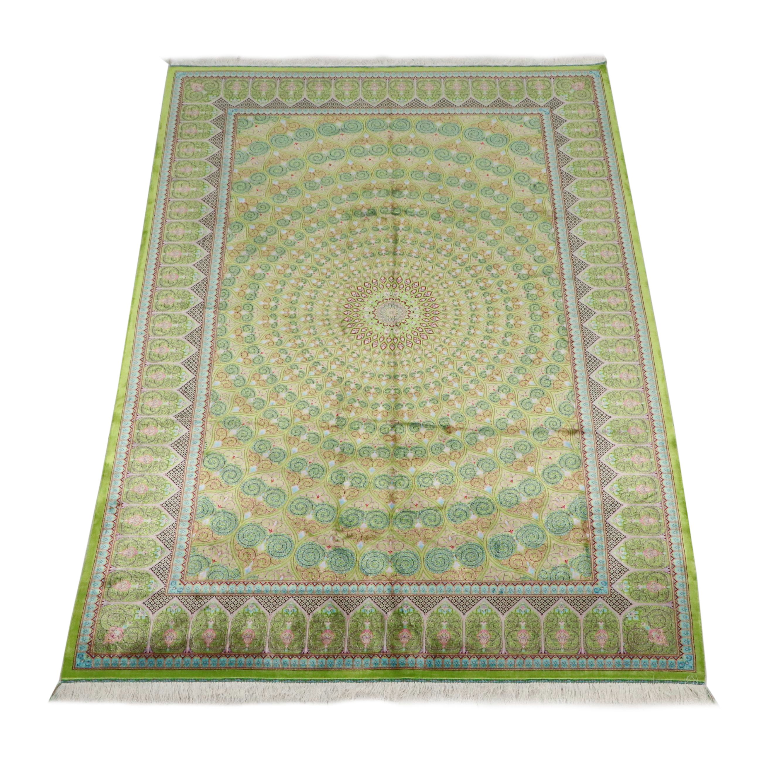 6'6 x 10'2 Machine Made Turkish Qom Peacock Style Silk Area Rug