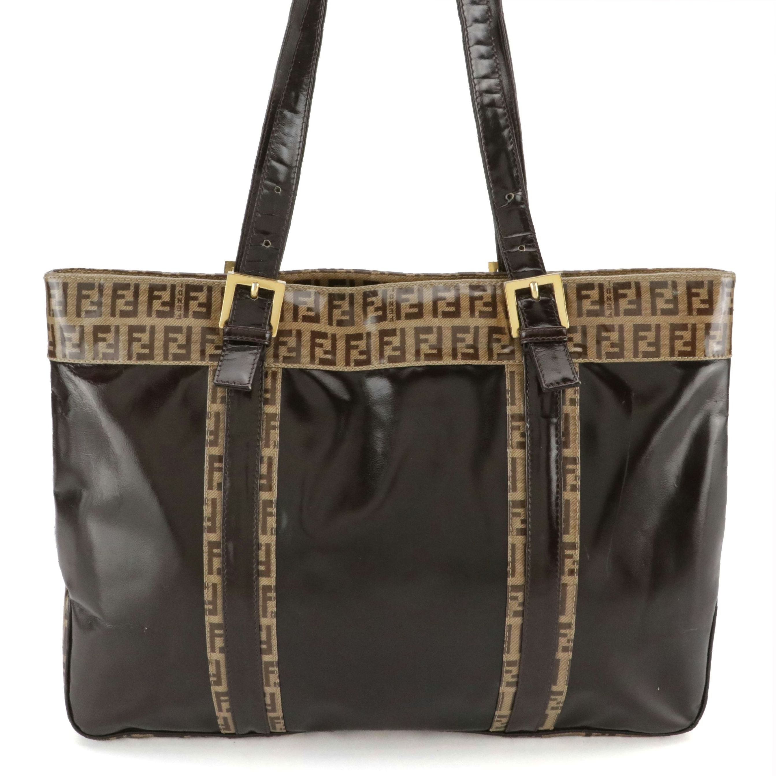 Fendi Zip Tote Bag in Brown Patent Leather and Zucchino Vinyl