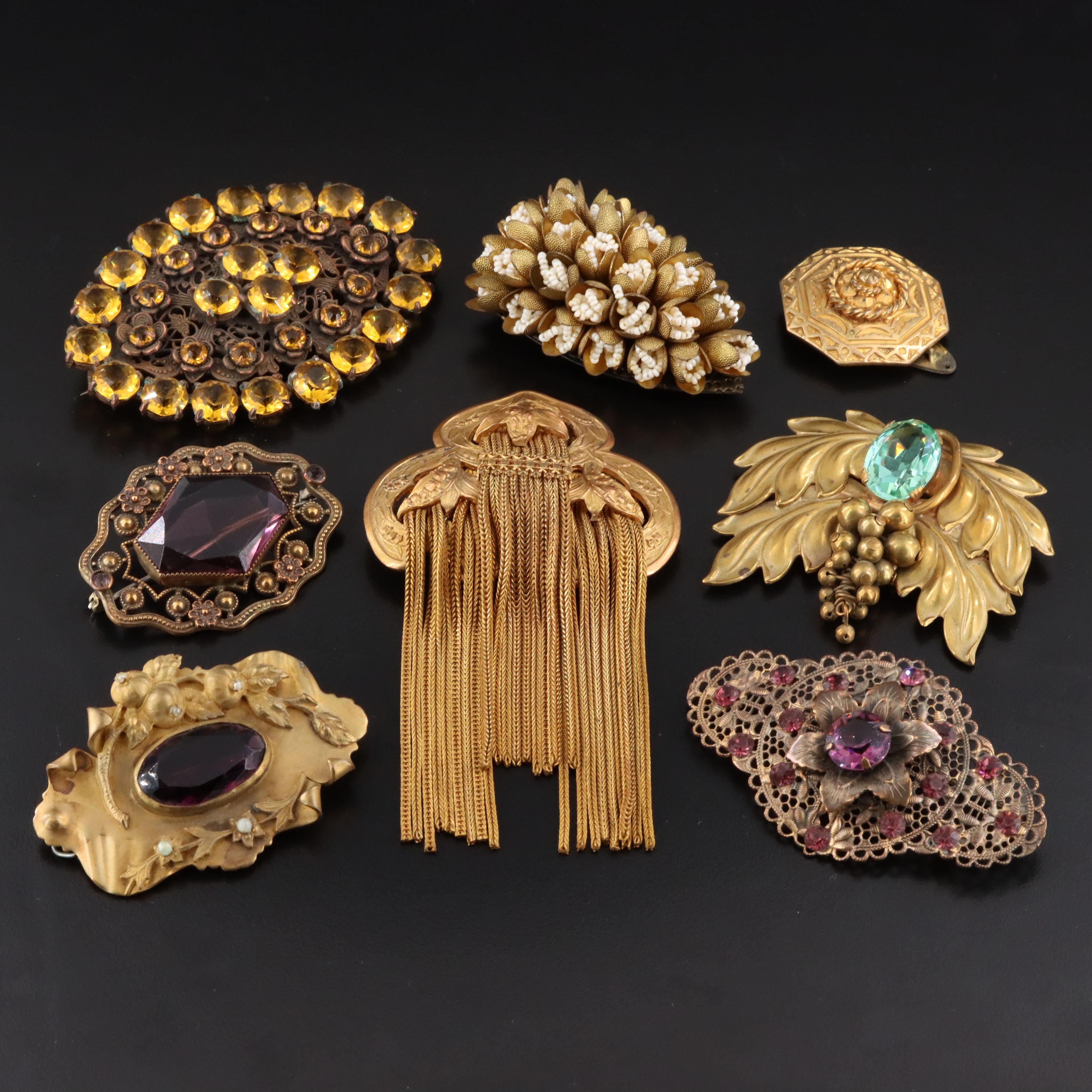 Art Nouveau, Czech and Amethyst Glass Featured in Brooch & Dress Clip Collection