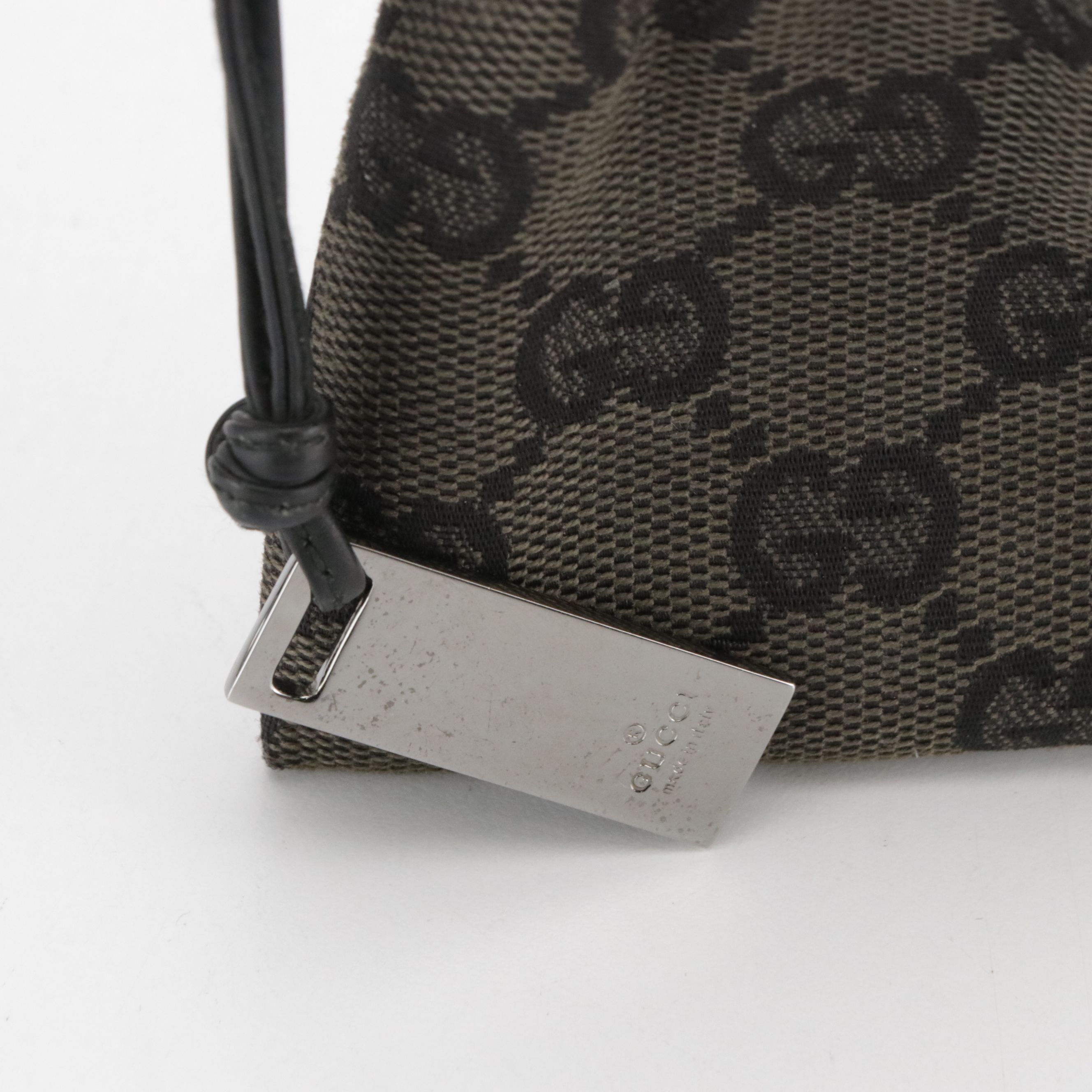 Gucci Mini Drawstring Pochette Bag in Brown GG Canvas & Black Leather, With Box