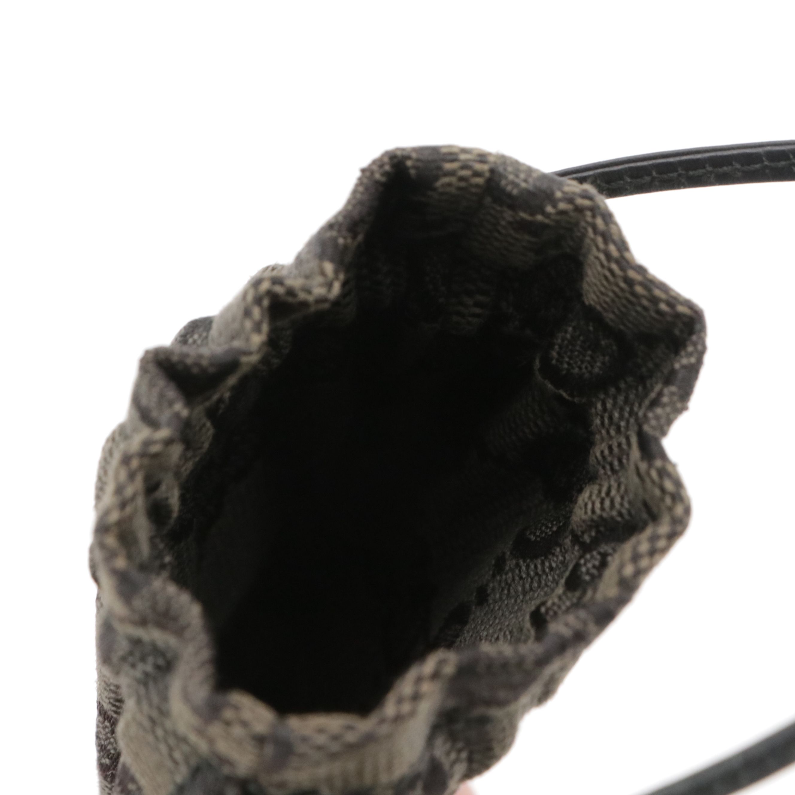 Gucci Mini Drawstring Pochette Bag in Brown GG Canvas & Black Leather, With Box