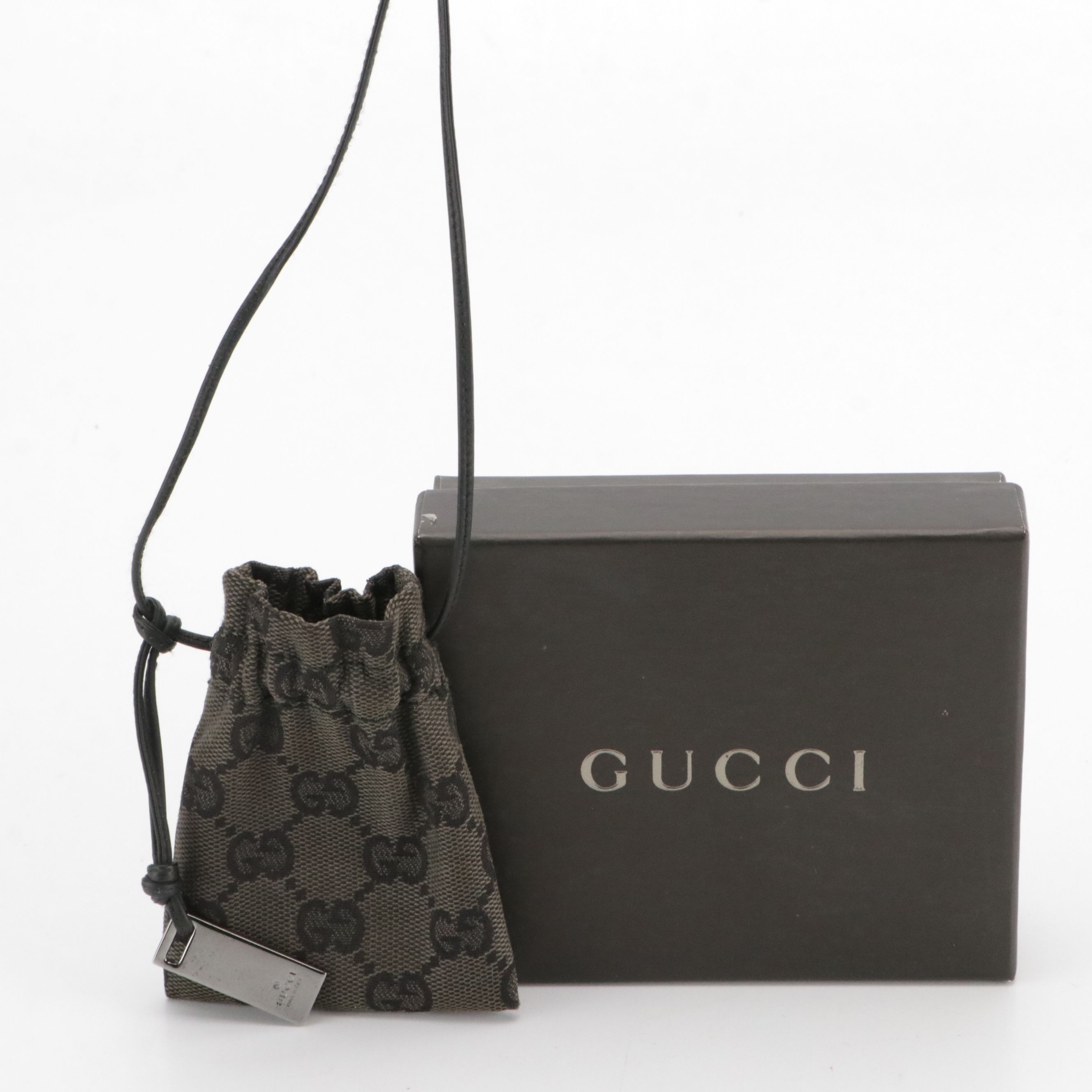 Gucci Mini Drawstring Pochette Bag in Brown GG Canvas & Black Leather, With Box