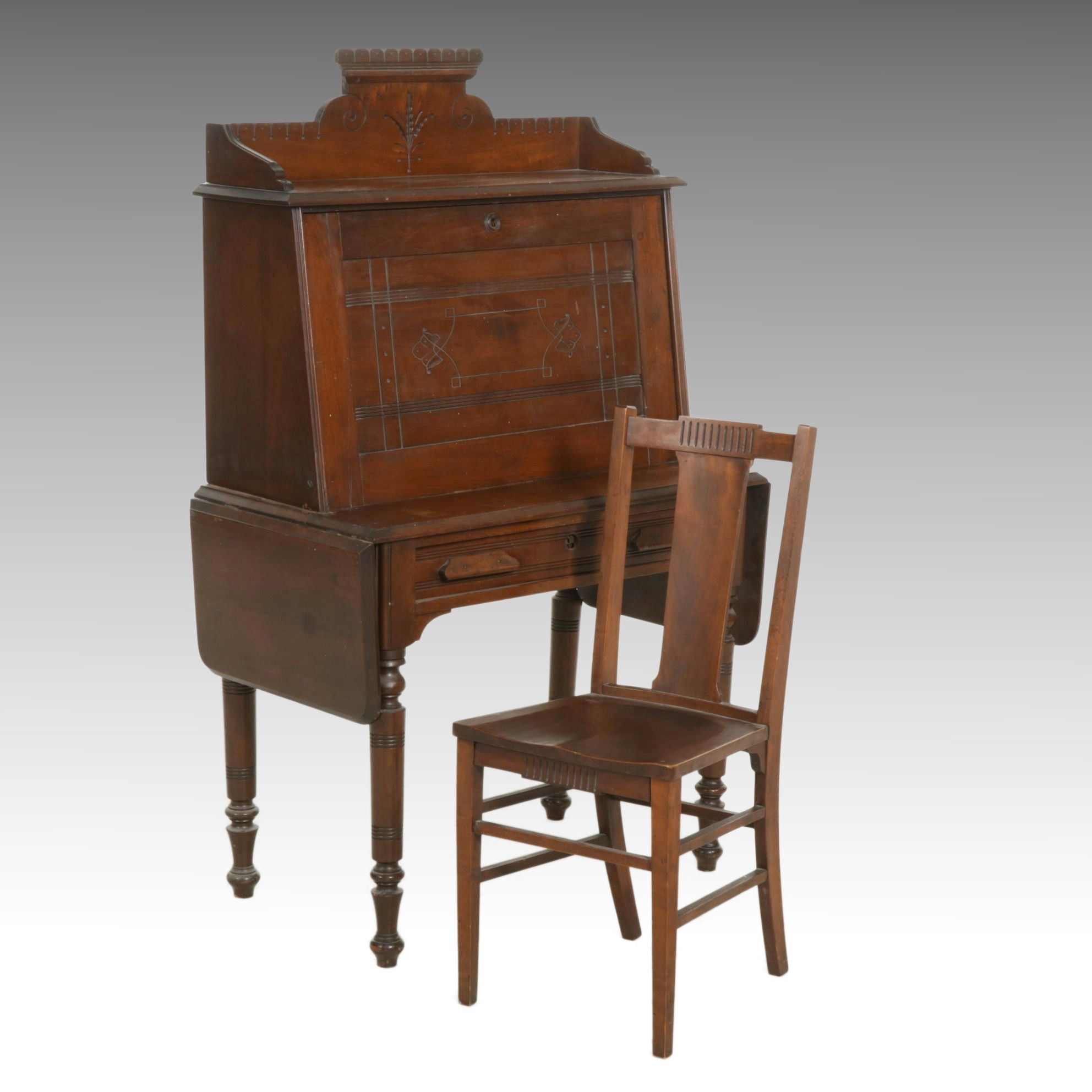 Eastlake Walnut Fall Front Secretary Desk with Drop Leaf Extensions and Chair