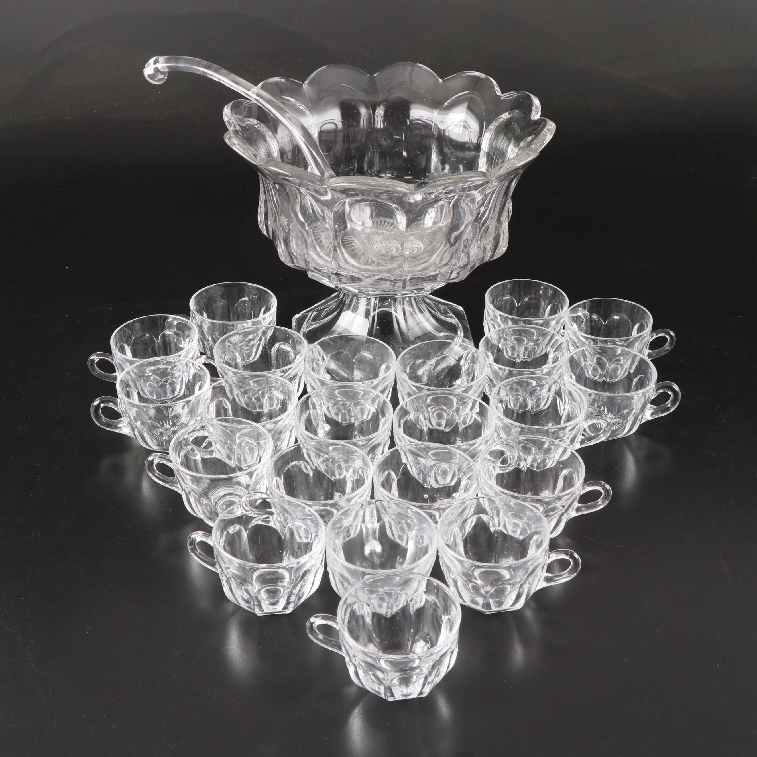 Heisey Glass "Colonial Clear" Punch Bowl with Stand, Cups and Ladle