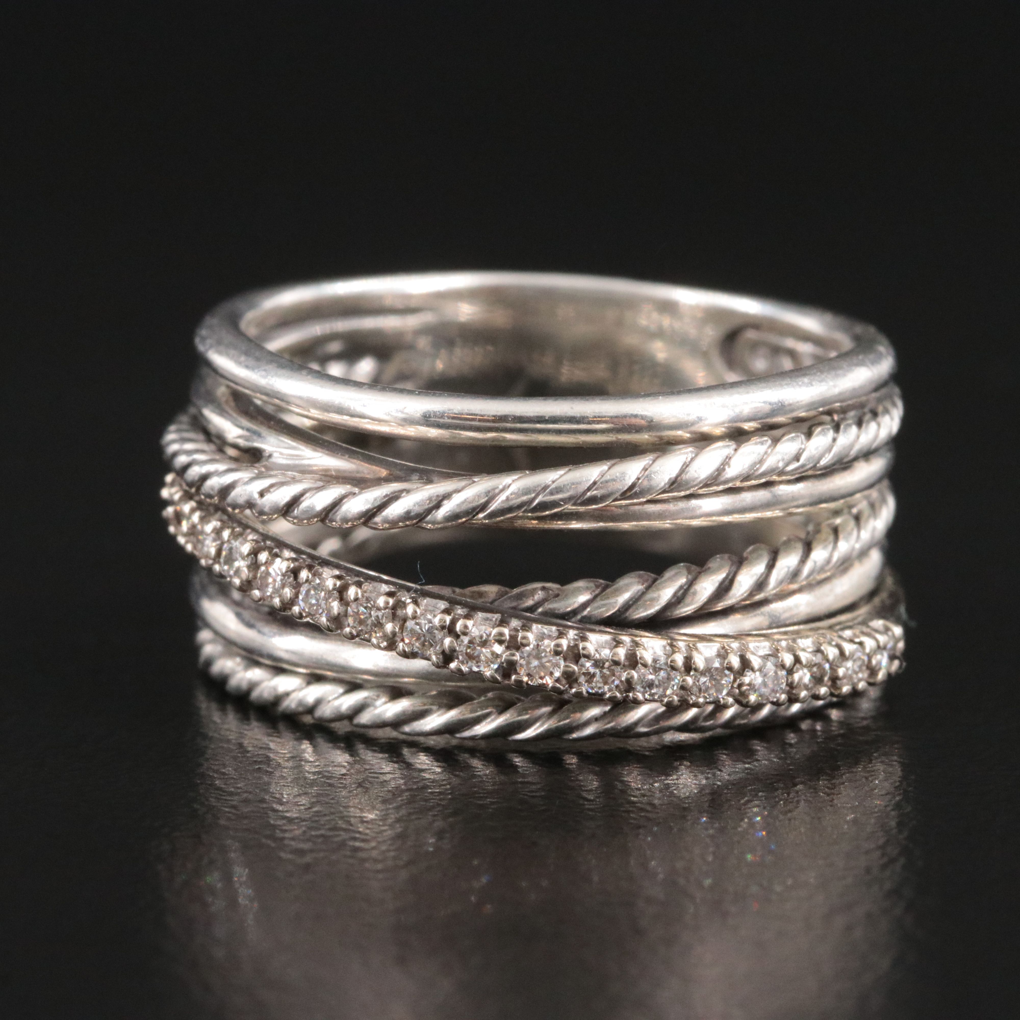 David Yurman Sterling and 14K Diamond Crossover Ring