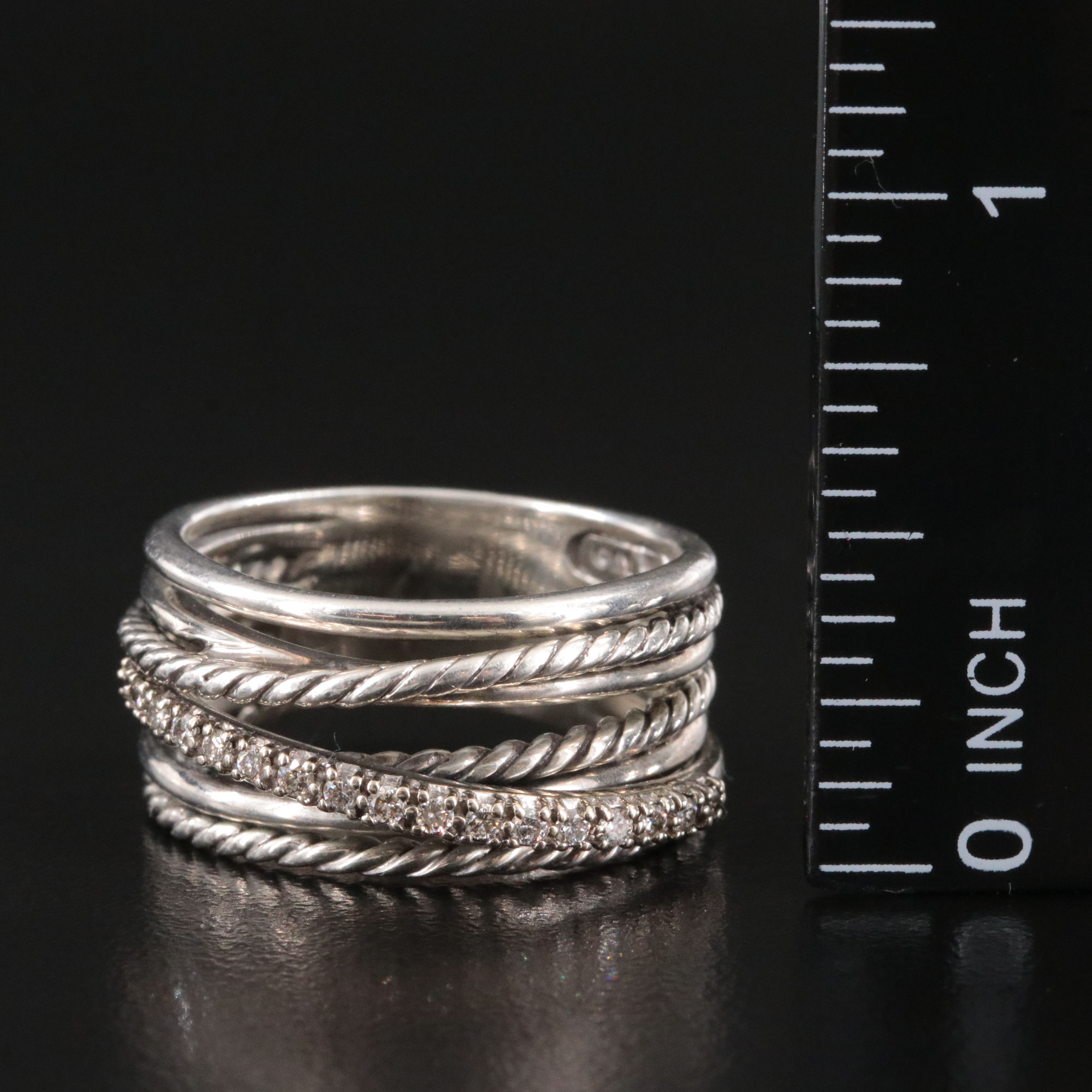 David Yurman Sterling and 14K Diamond Crossover Ring