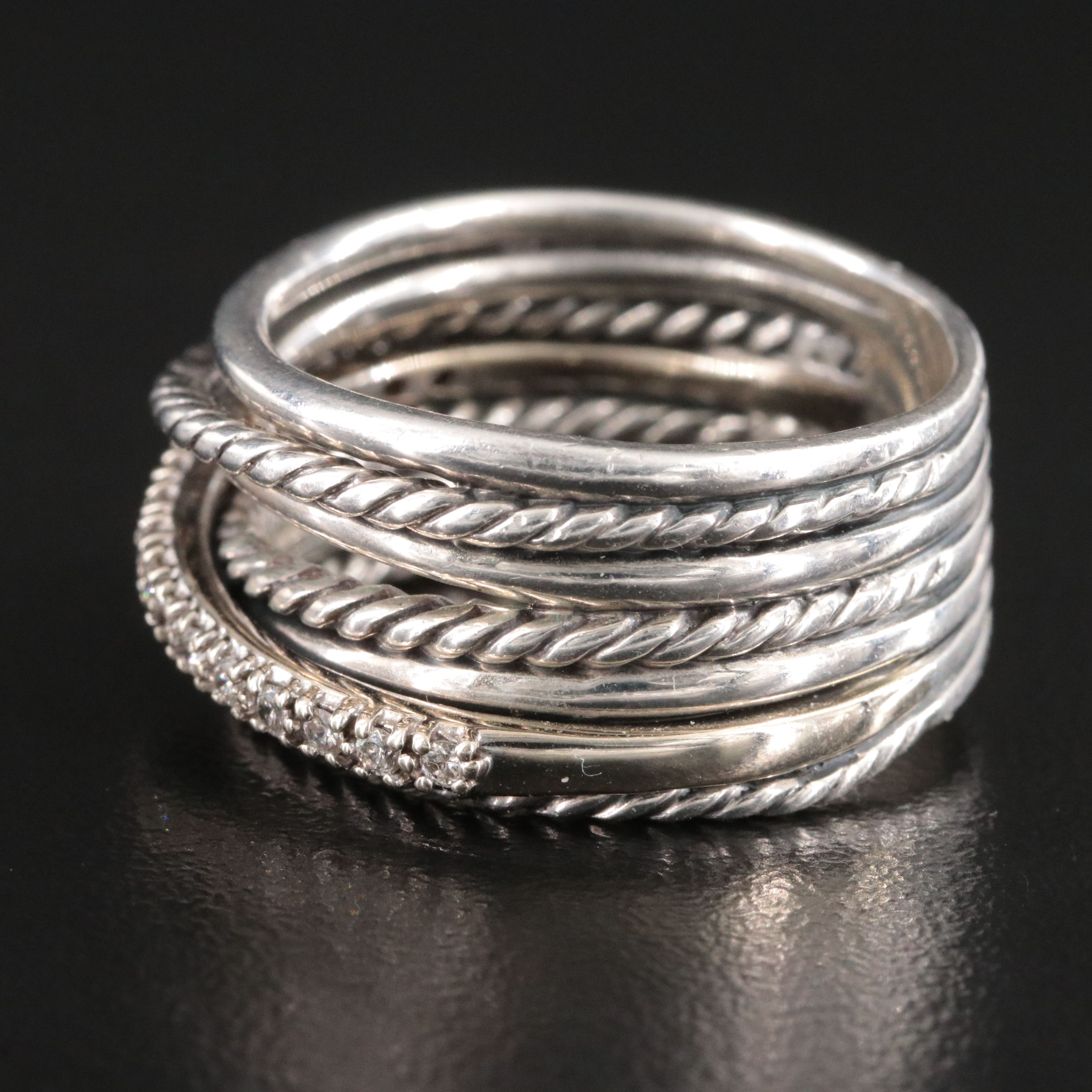 David Yurman Sterling and 14K Diamond Crossover Ring