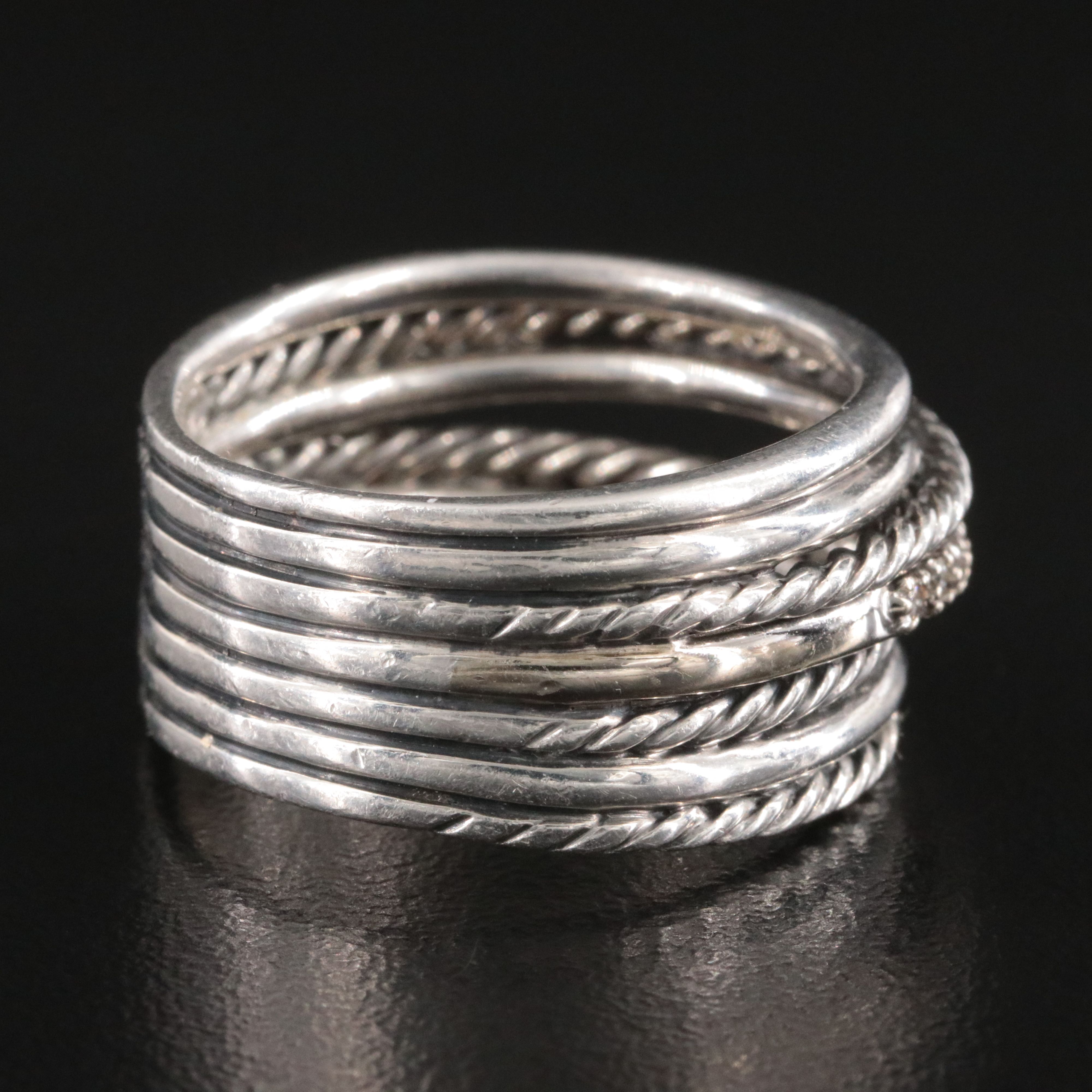 David Yurman Sterling and 14K Diamond Crossover Ring