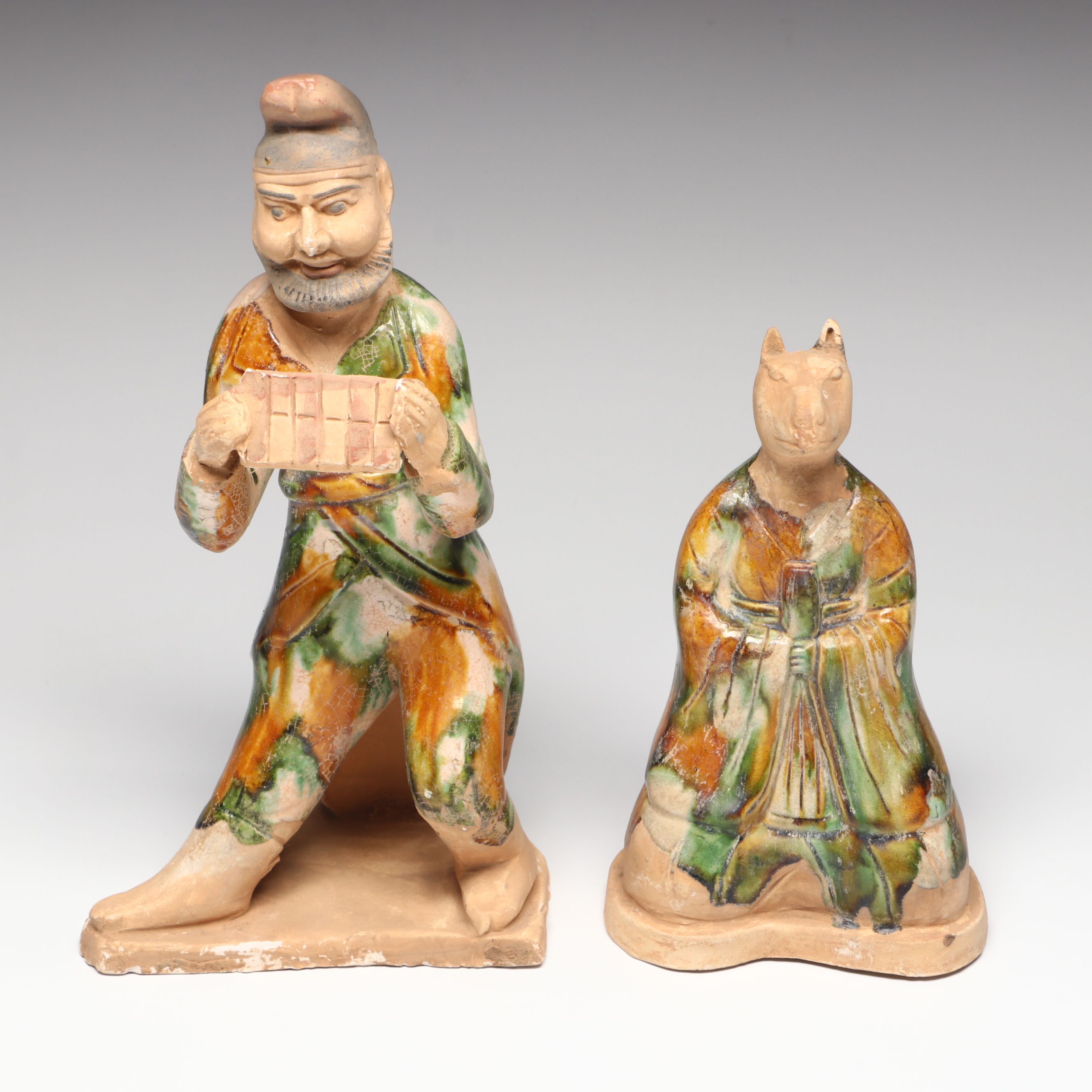 Tang Dynasty Style Sancai Ceramic Man and Anthropomorphic Dog