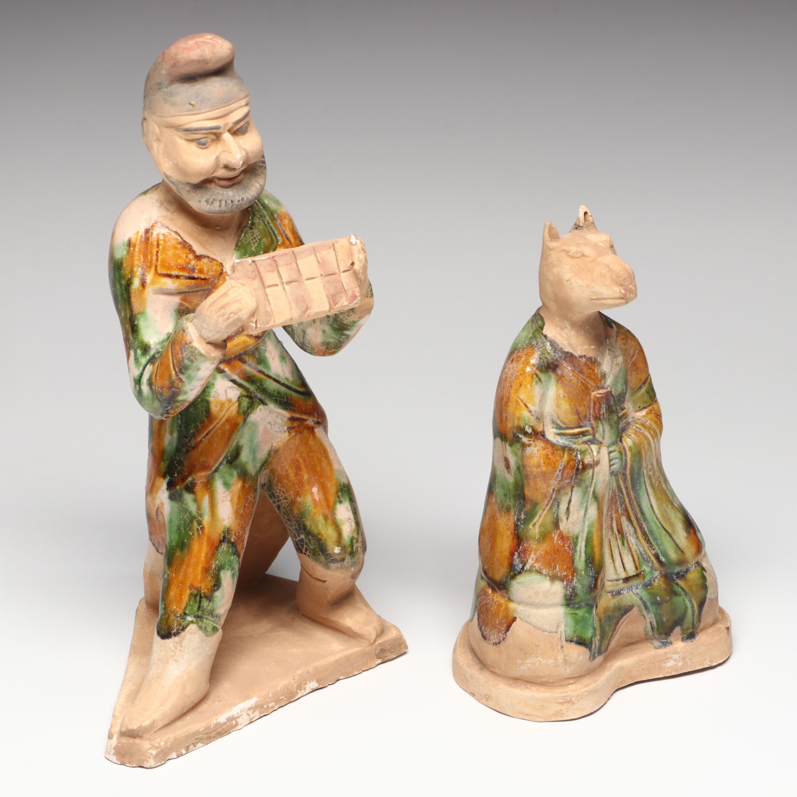 Tang Dynasty Style Sancai Ceramic Man and Anthropomorphic Dog