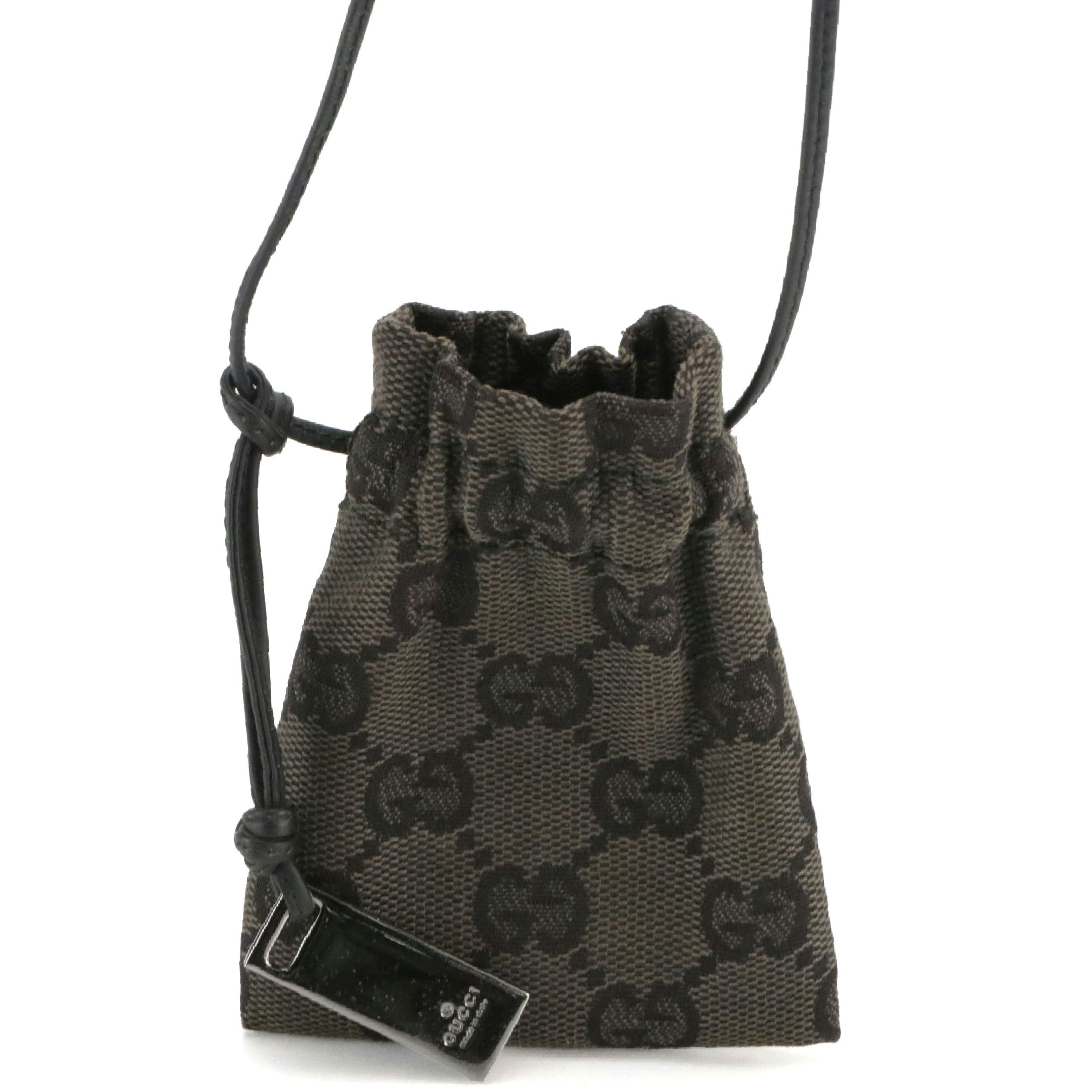 Gucci Mini Drawstring Pochette Bag in Brown GG Canvas & Black Leather, With Box