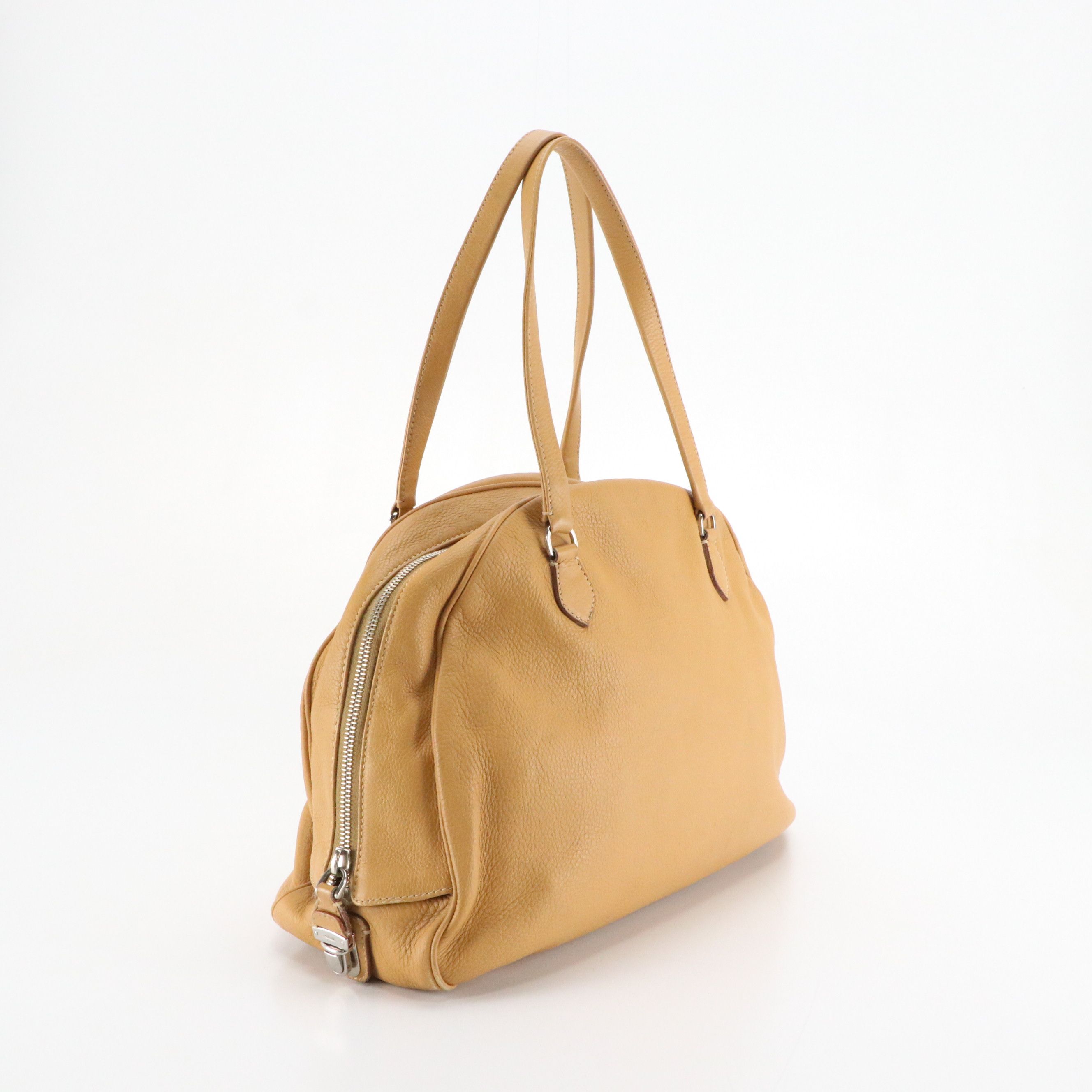 Prada Domed Zip-Around Shoulder Bag in Tan Vitello Daino Leather
