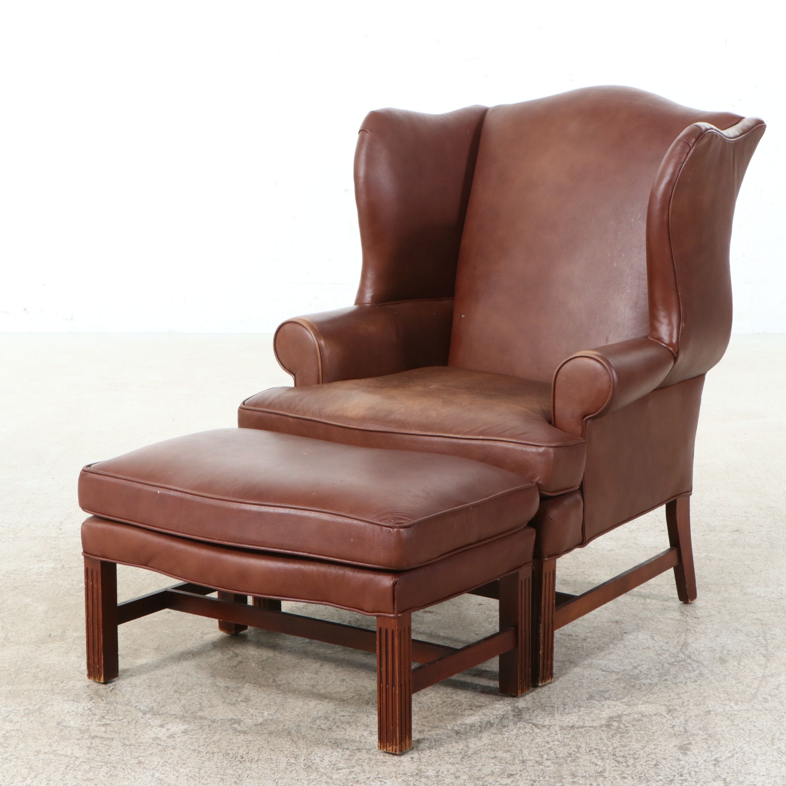 Fairfield Chippendale Style Leather Wingback Chair and Ottoman