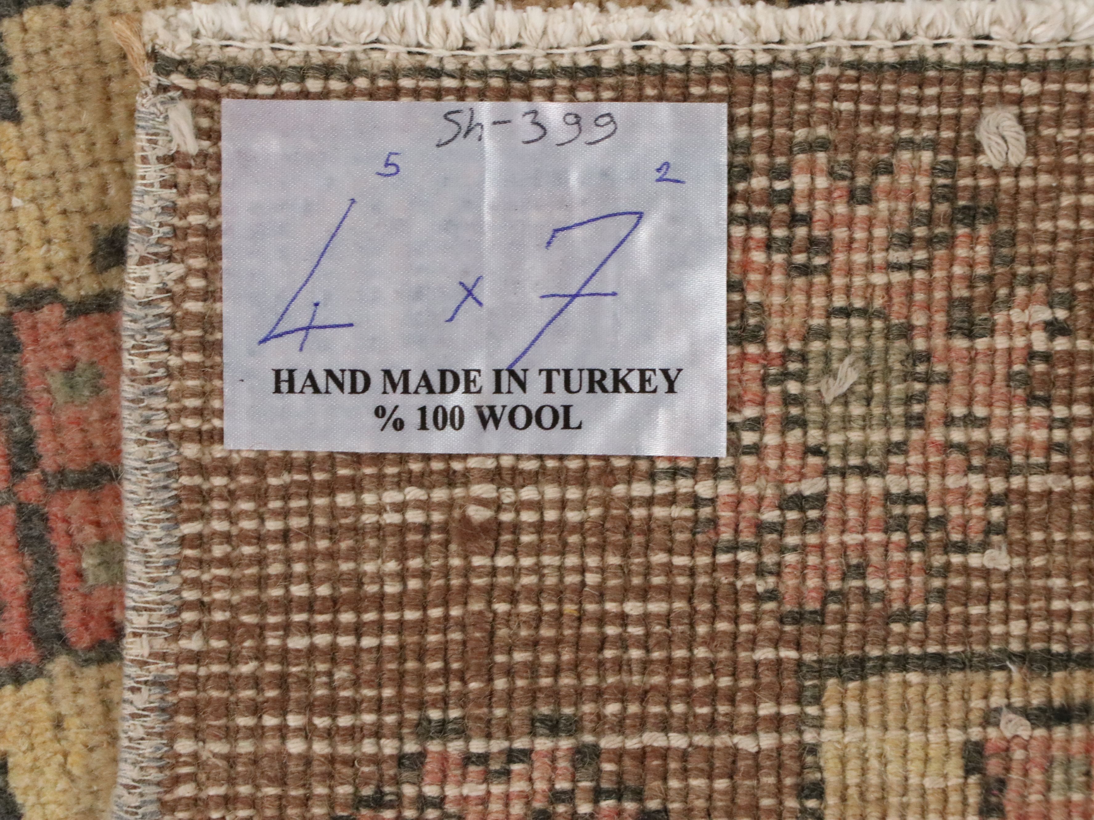 4'4 x 6'4 Hand-Knotted Turkish Anatolian Floral Lattice Area Rug