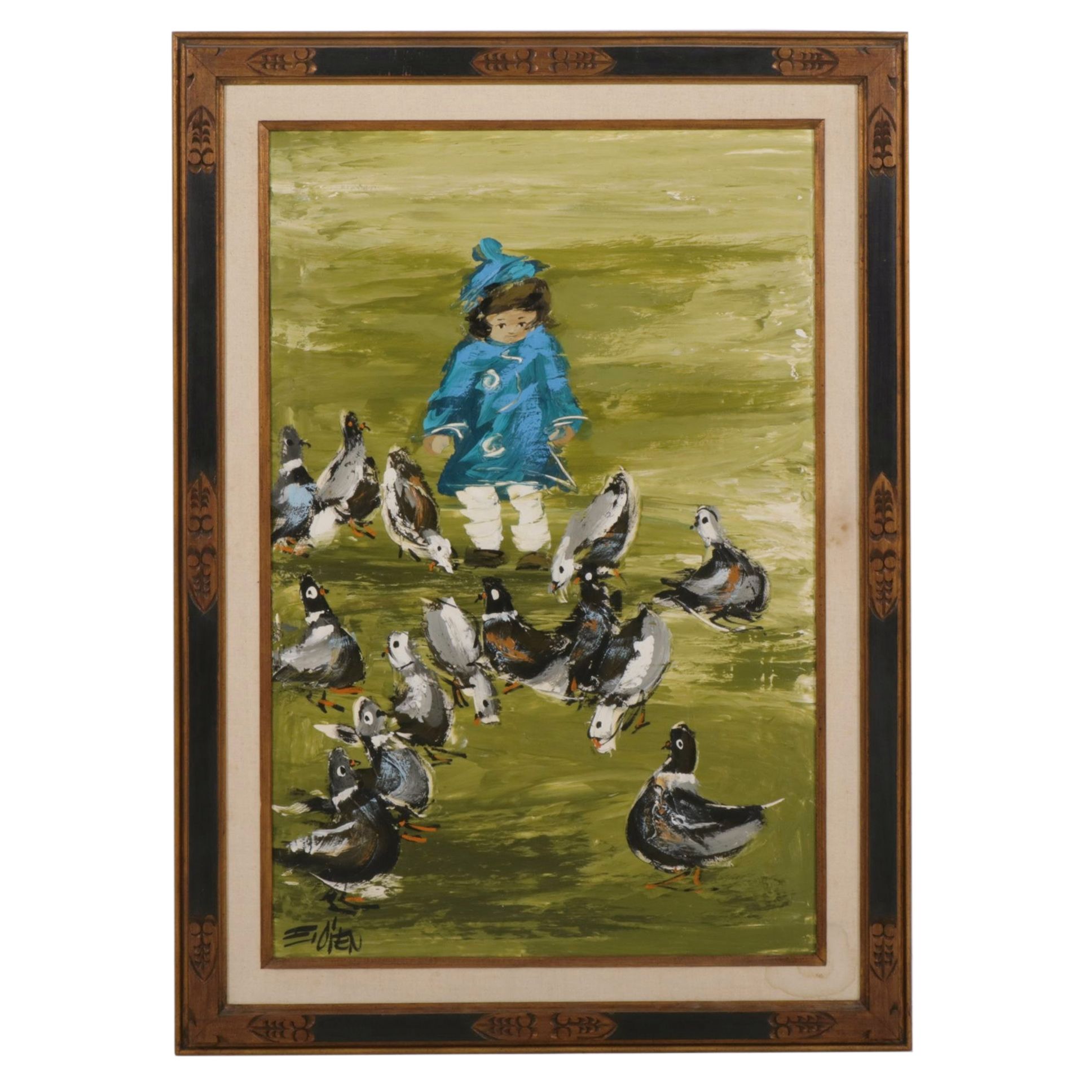 Etta Benjamin Cien Oil Painting Scene of Child with Flock of Pigeons