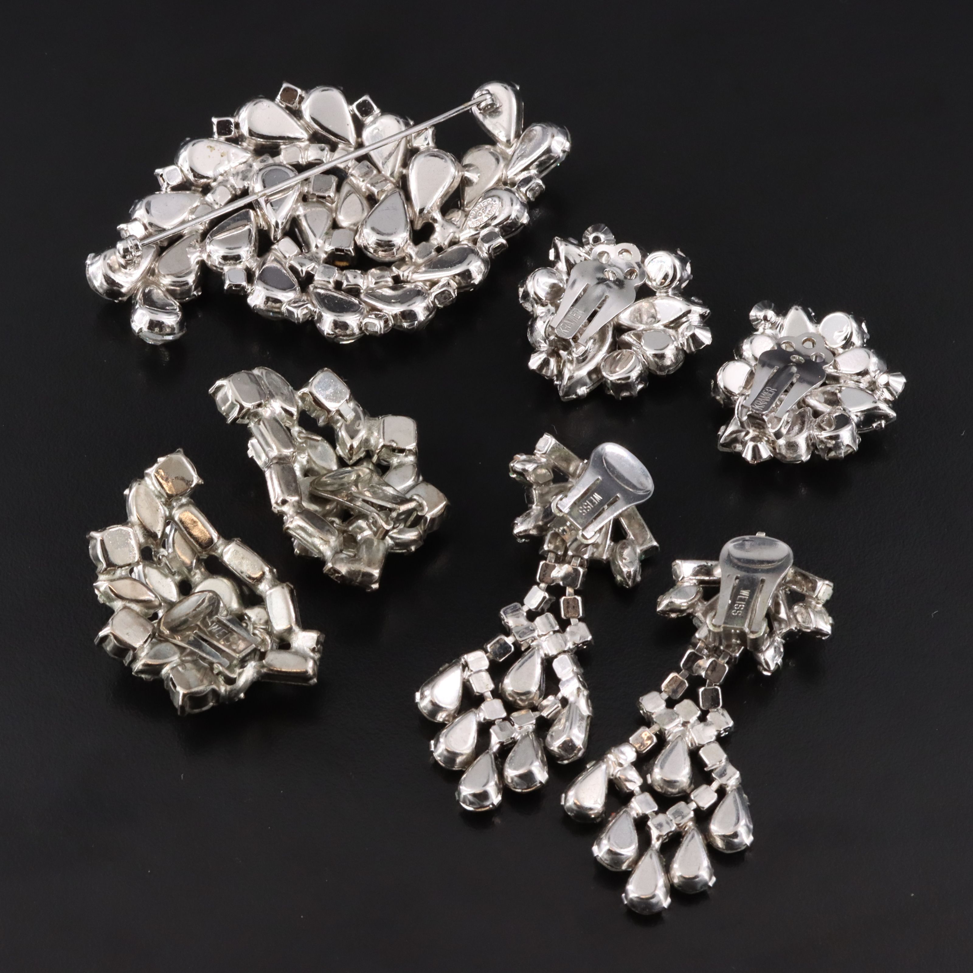Kramer of New York Brooch & Earrings Set w/ Crystal & Rhinestone Weiss Earrings