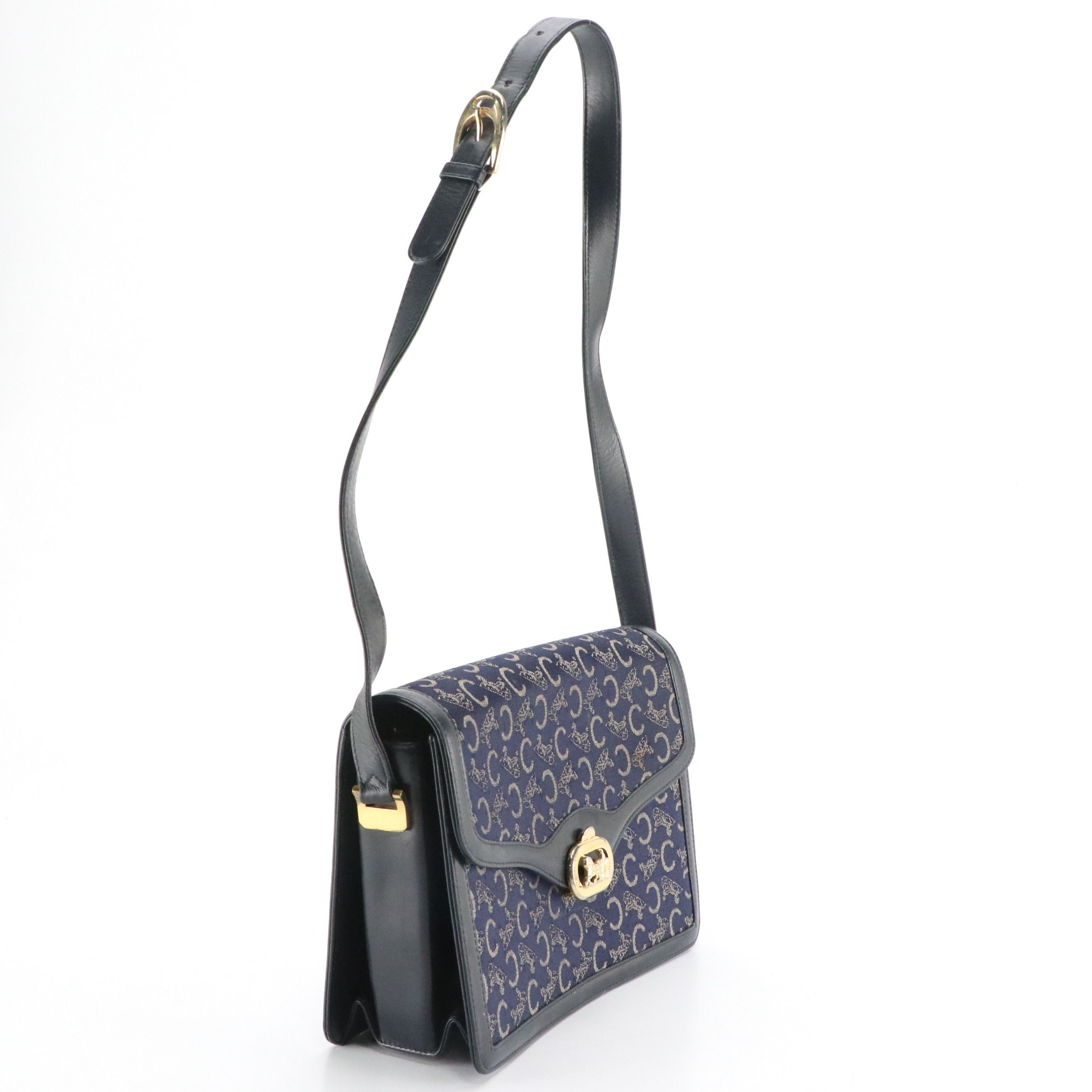 Céline Front Flap Carriage Lock Shoulder Bag in Blue C Sulky Canvas and Leather