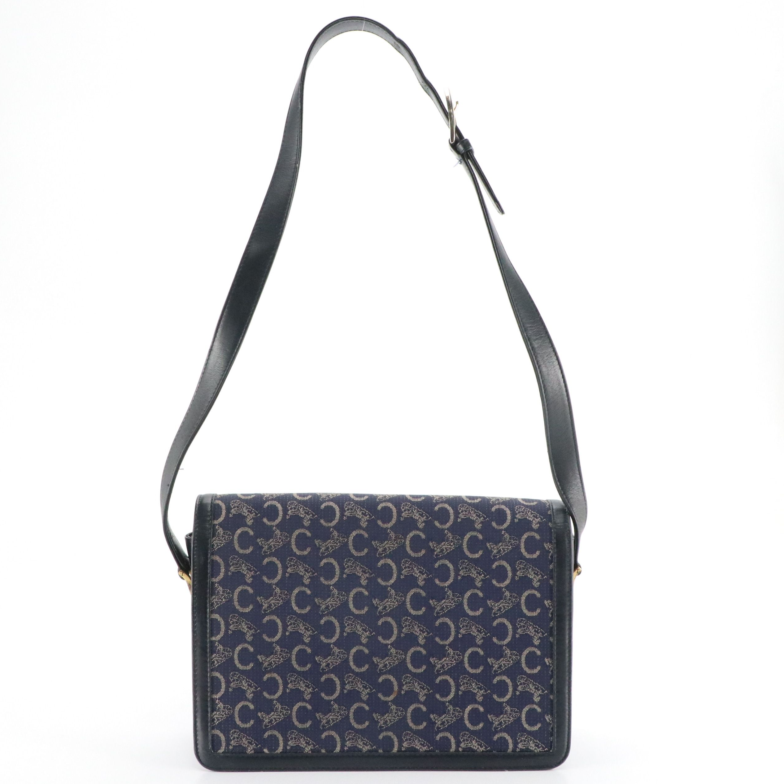 Céline Front Flap Carriage Lock Shoulder Bag in Blue C Sulky Canvas and Leather