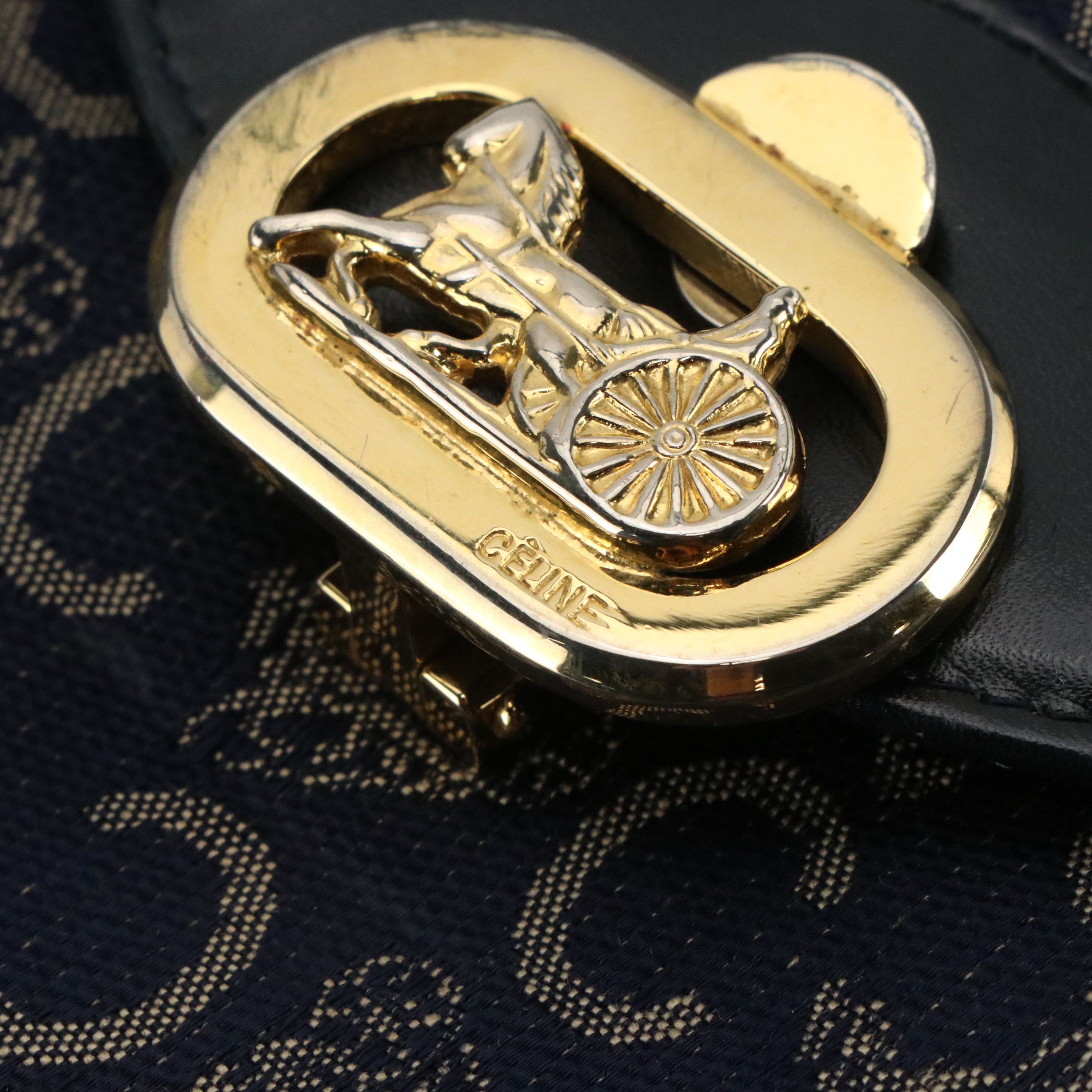 Céline Front Flap Carriage Lock Shoulder Bag in Blue C Sulky Canvas and Leather