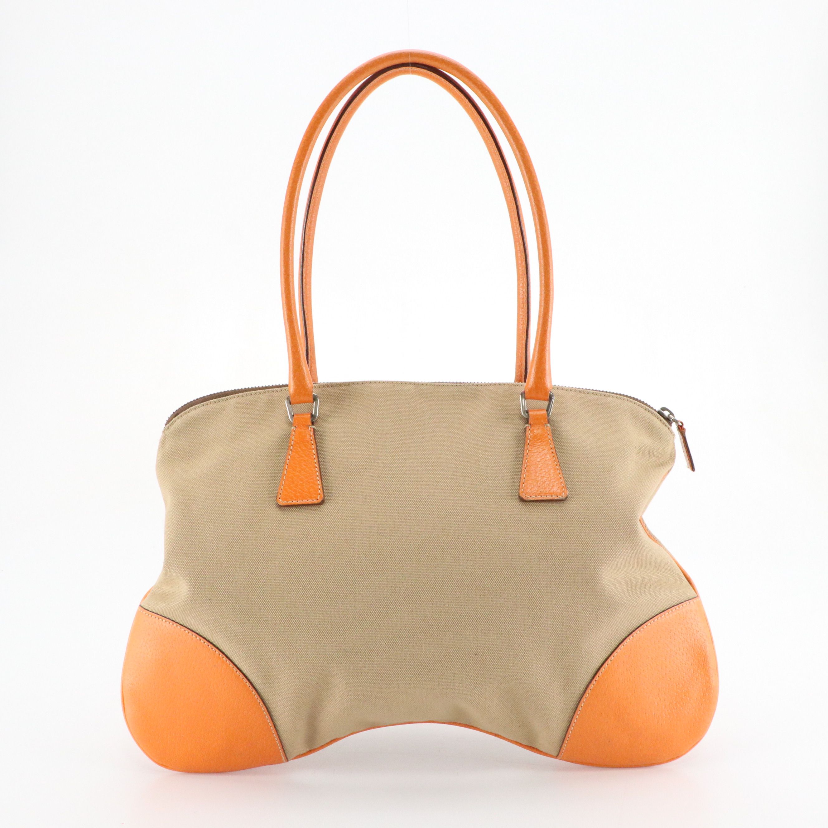 Prada Bauletto Shoulder Bag in Beige Canvas and Orange Leather Trim