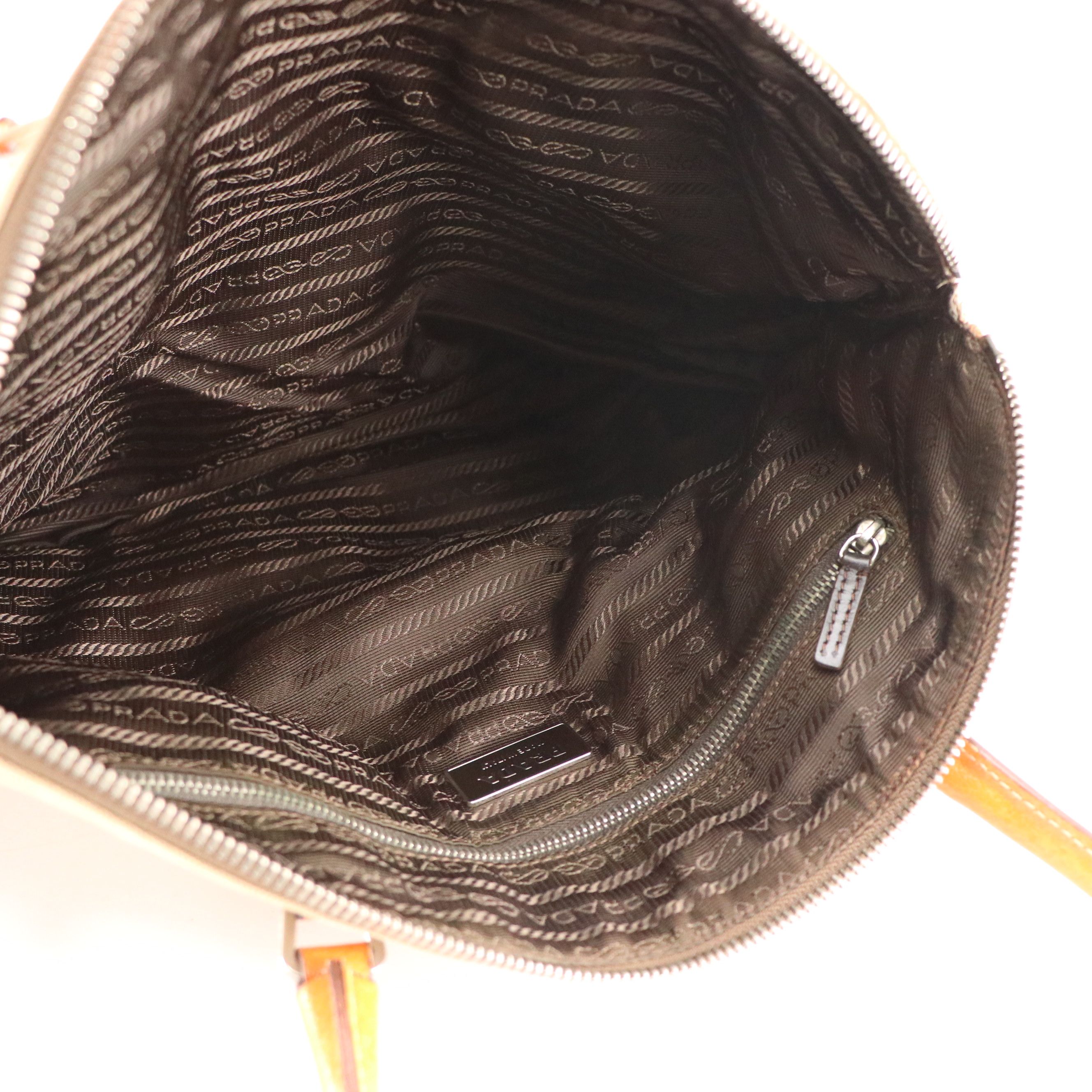 Prada Bauletto Shoulder Bag in Beige Canvas and Orange Leather Trim