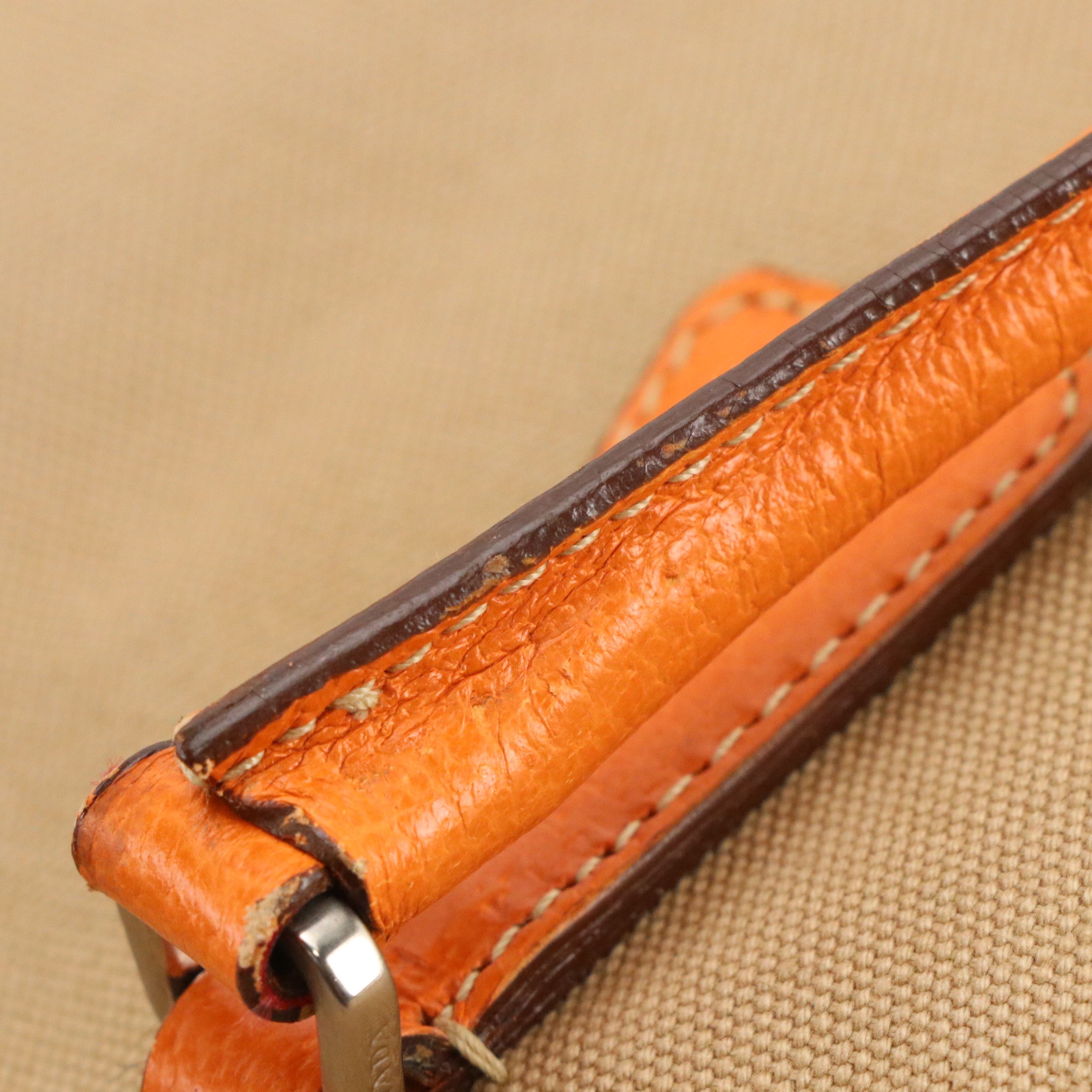 Prada Bauletto Shoulder Bag in Beige Canvas and Orange Leather Trim