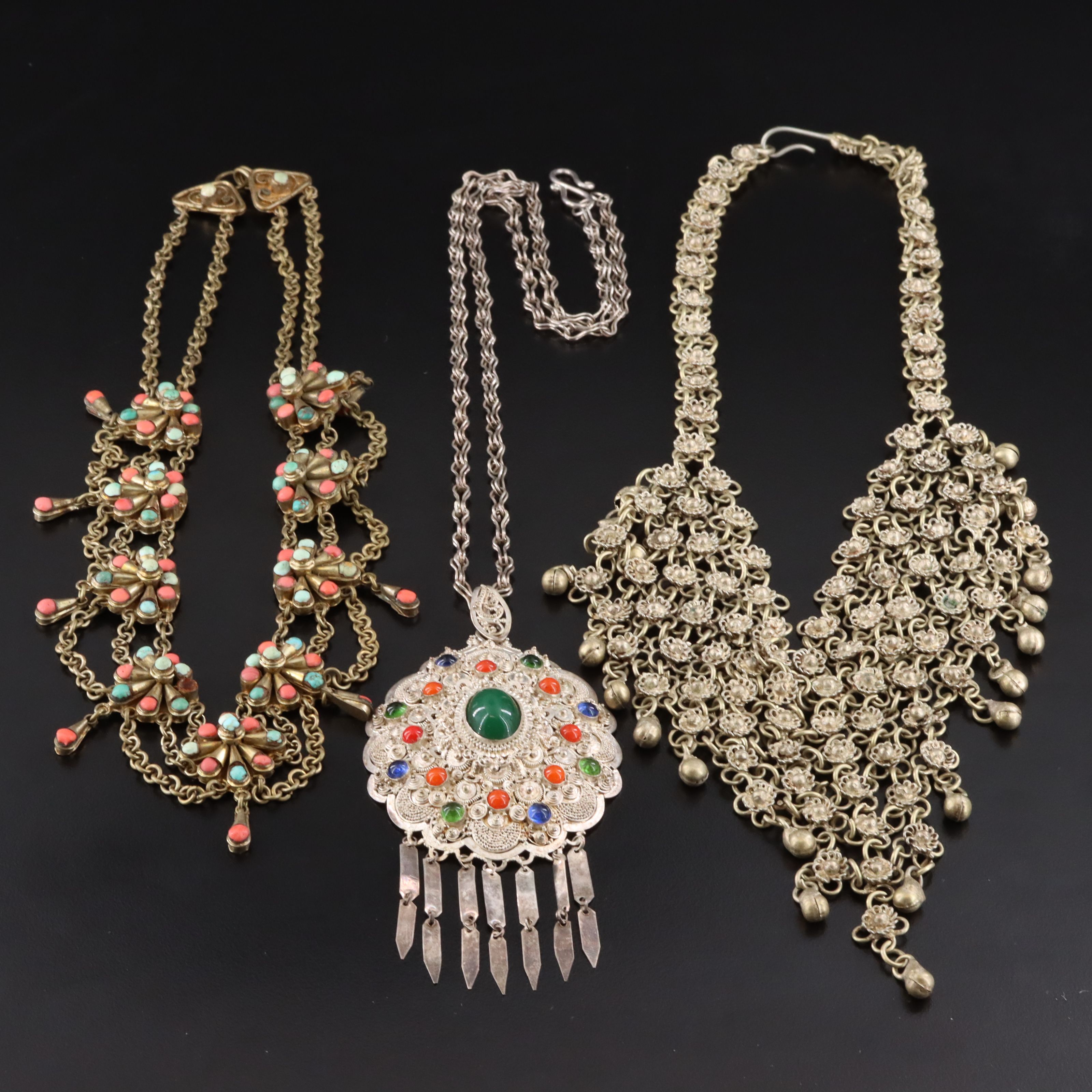 Cannetille Fringe, Coral and Turquoise Festoon and Sterling Pendant Necklaces