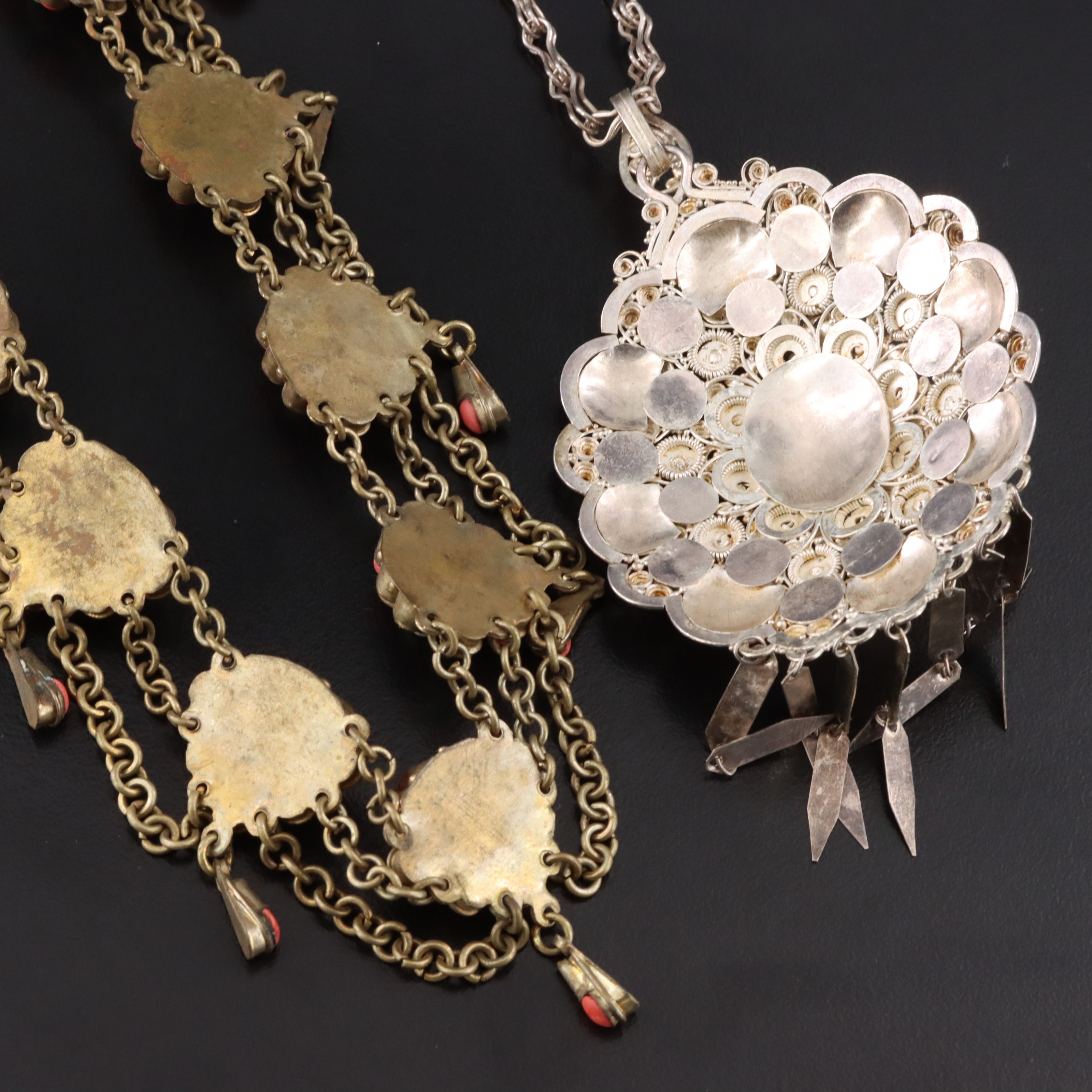 Cannetille Fringe, Coral and Turquoise Festoon and Sterling Pendant Necklaces