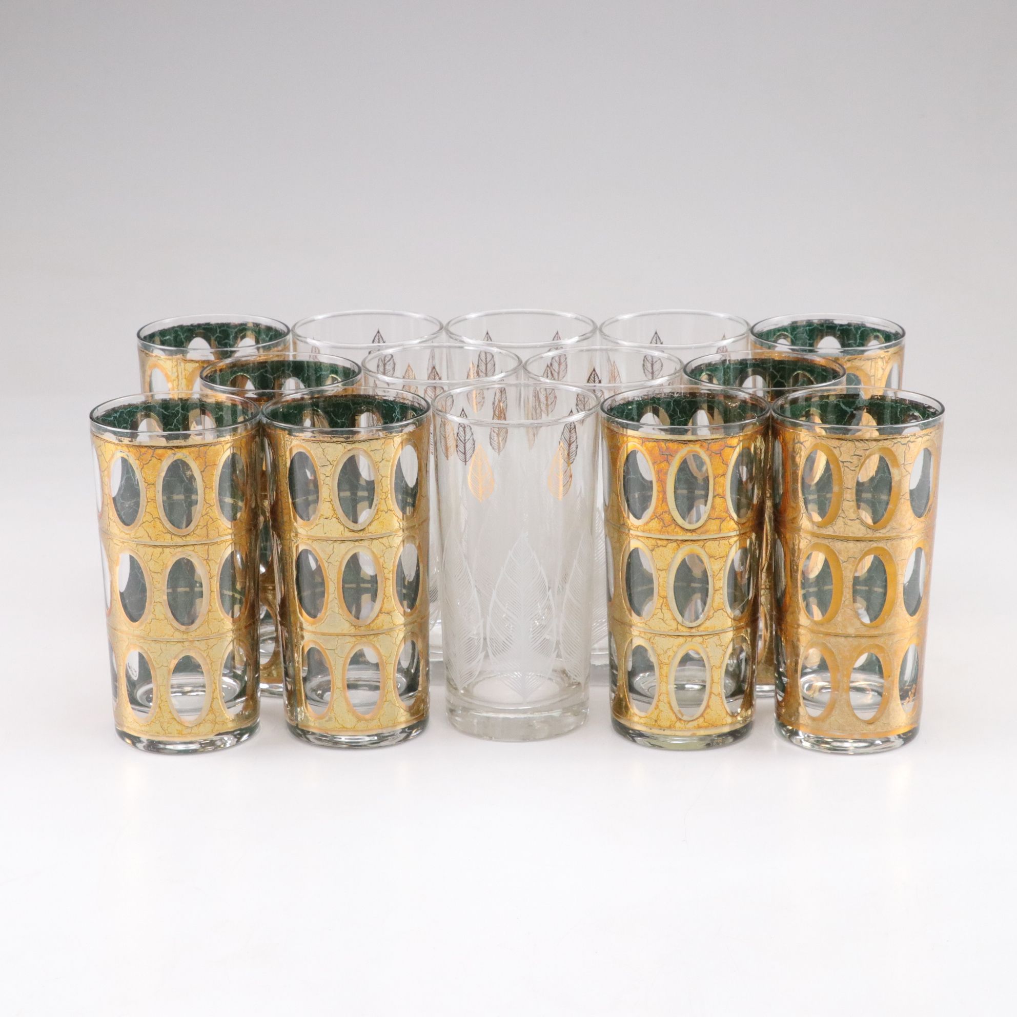 MCM Culver "Pisa" Crackle Gilt with Feather Motif Highball Glasses