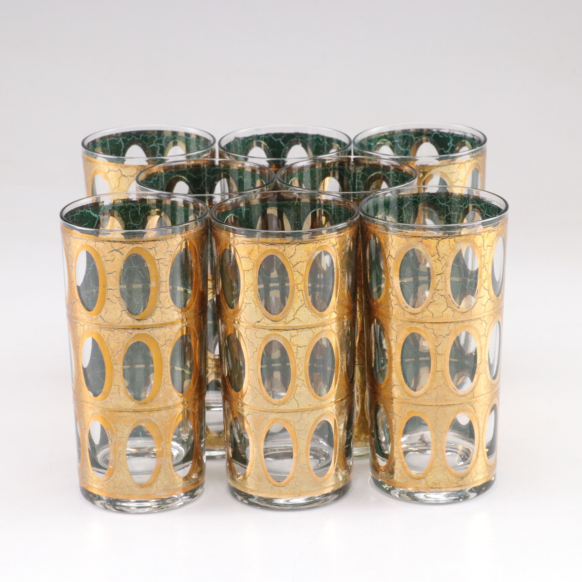 MCM Culver "Pisa" Crackle Gilt with Feather Motif Highball Glasses