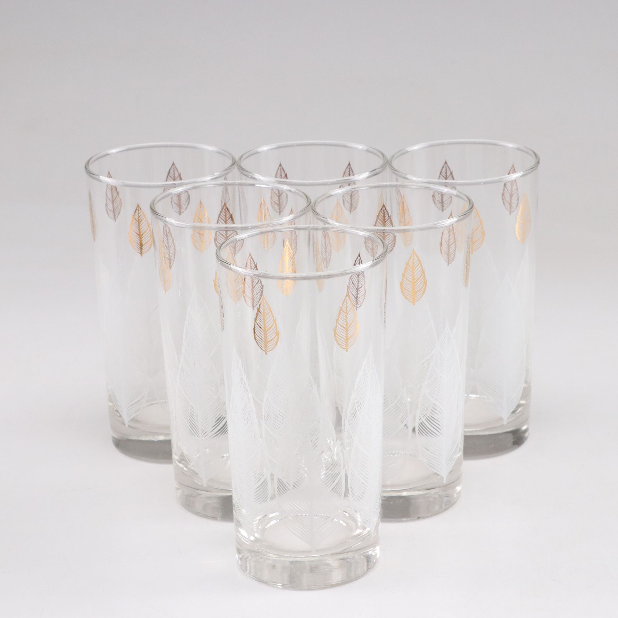 MCM Culver "Pisa" Crackle Gilt with Feather Motif Highball Glasses