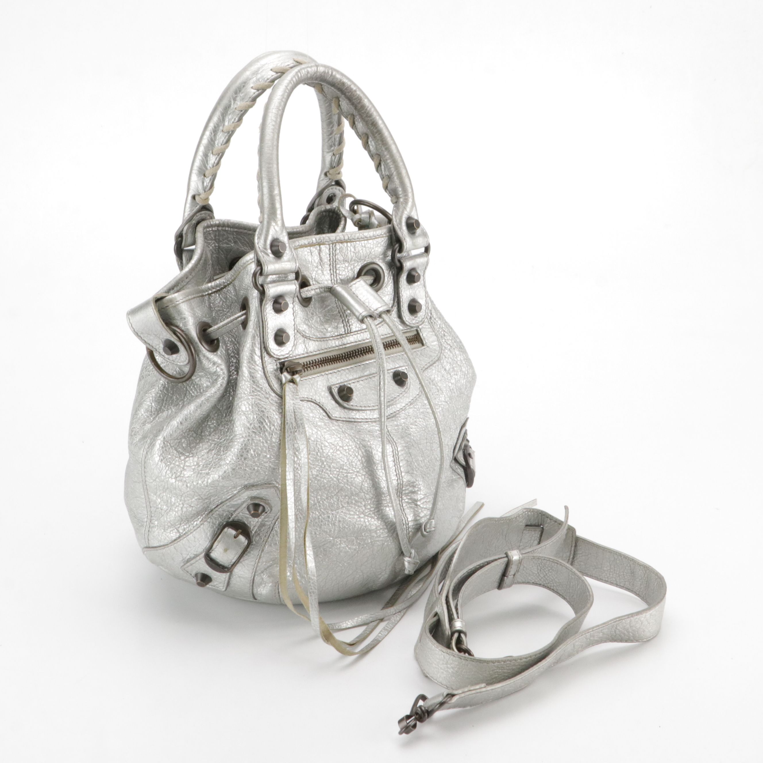 Balenciaga Pompon Mini Bucket Two-Way Bag in Metallic Silver Lambskin Leather