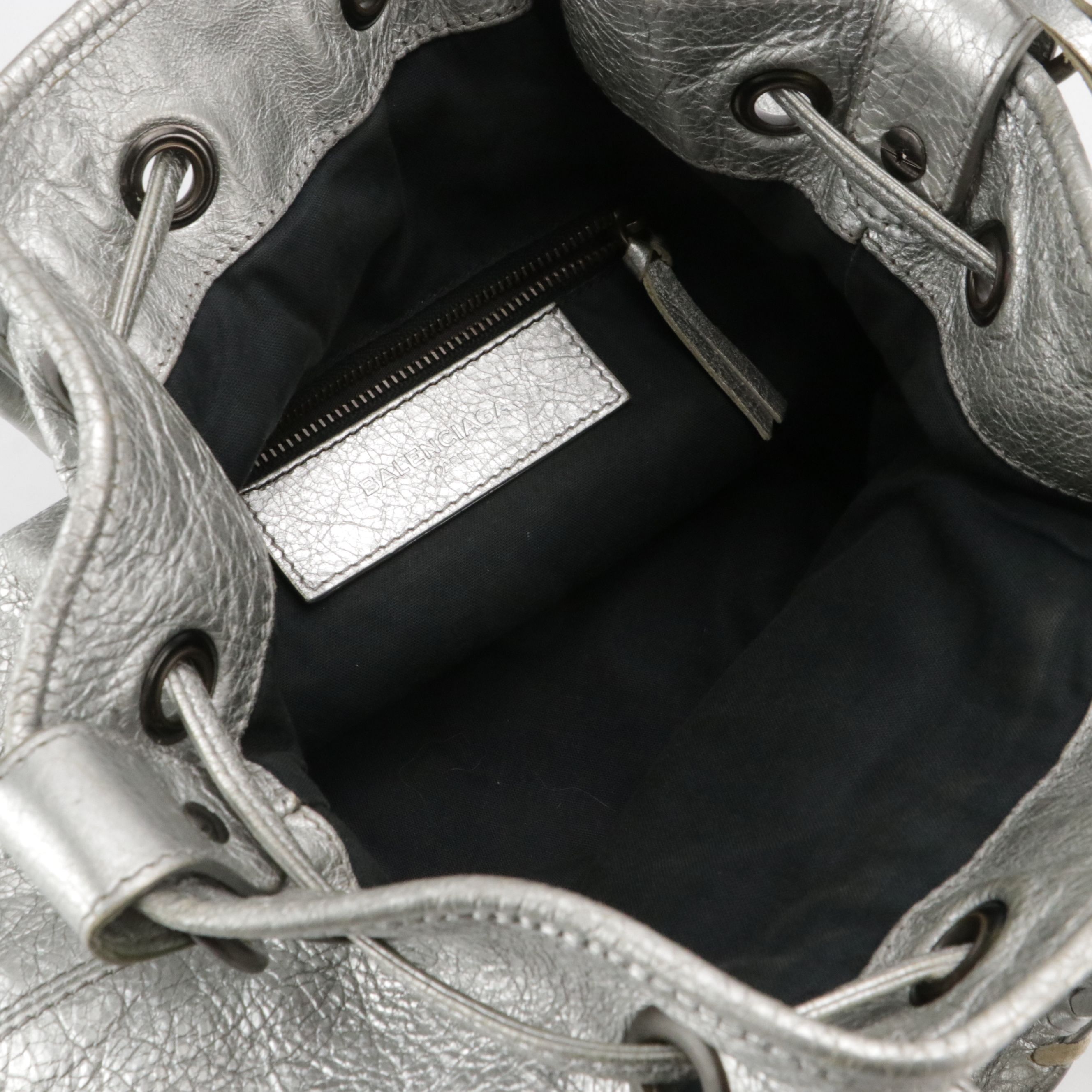 Balenciaga Pompon Mini Bucket Two-Way Bag in Metallic Silver Lambskin Leather