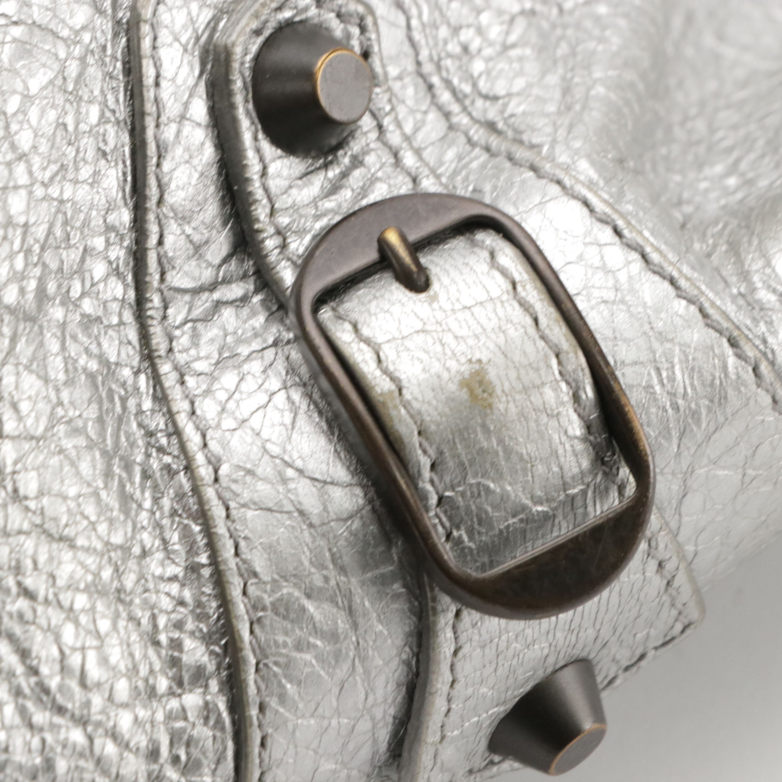 Balenciaga Pompon Mini Bucket Two-Way Bag in Metallic Silver Lambskin Leather