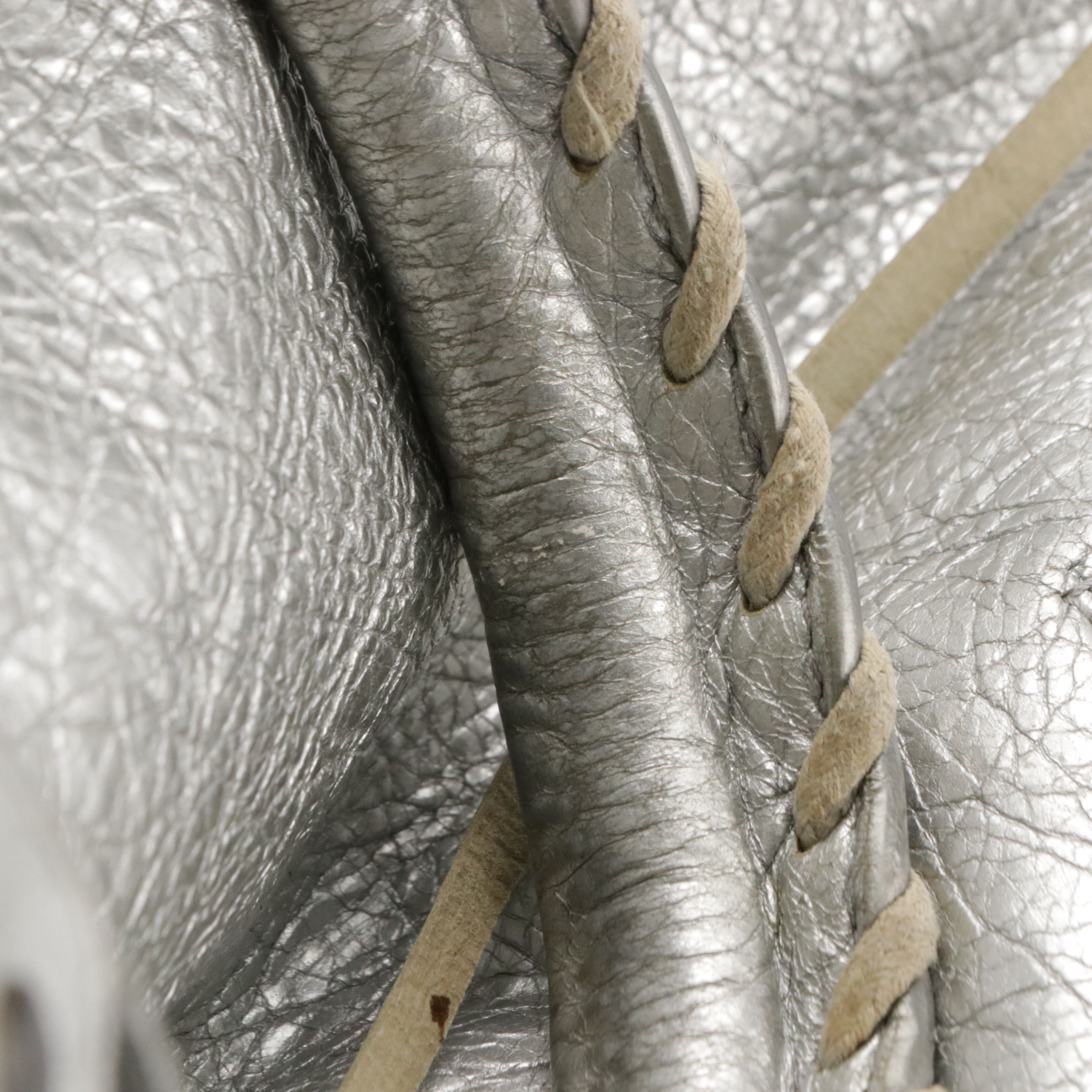 Balenciaga Pompon Mini Bucket Two-Way Bag in Metallic Silver Lambskin Leather