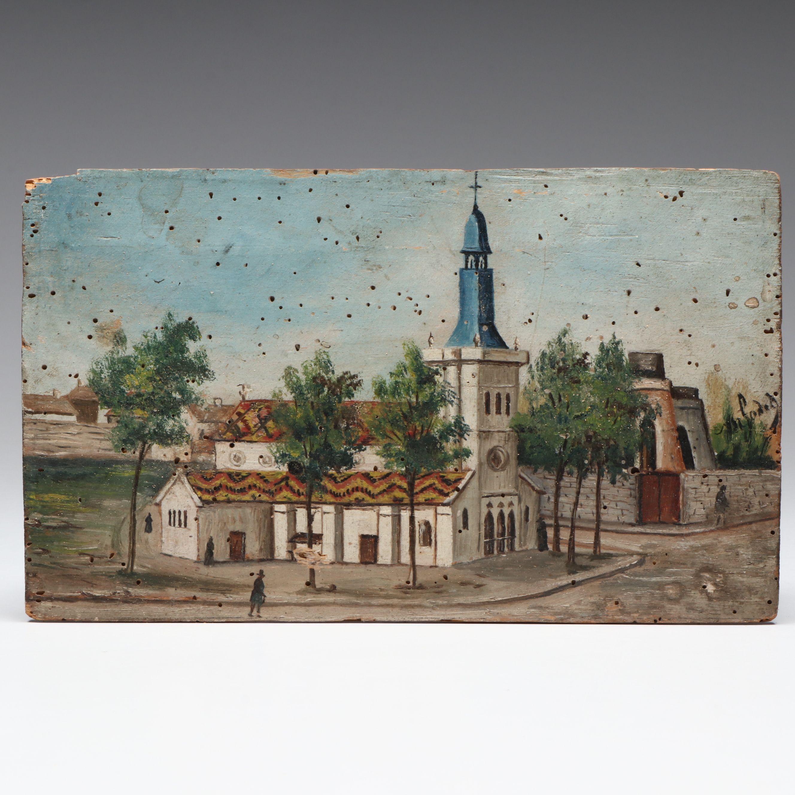 Antique French School Oil Painting of Church