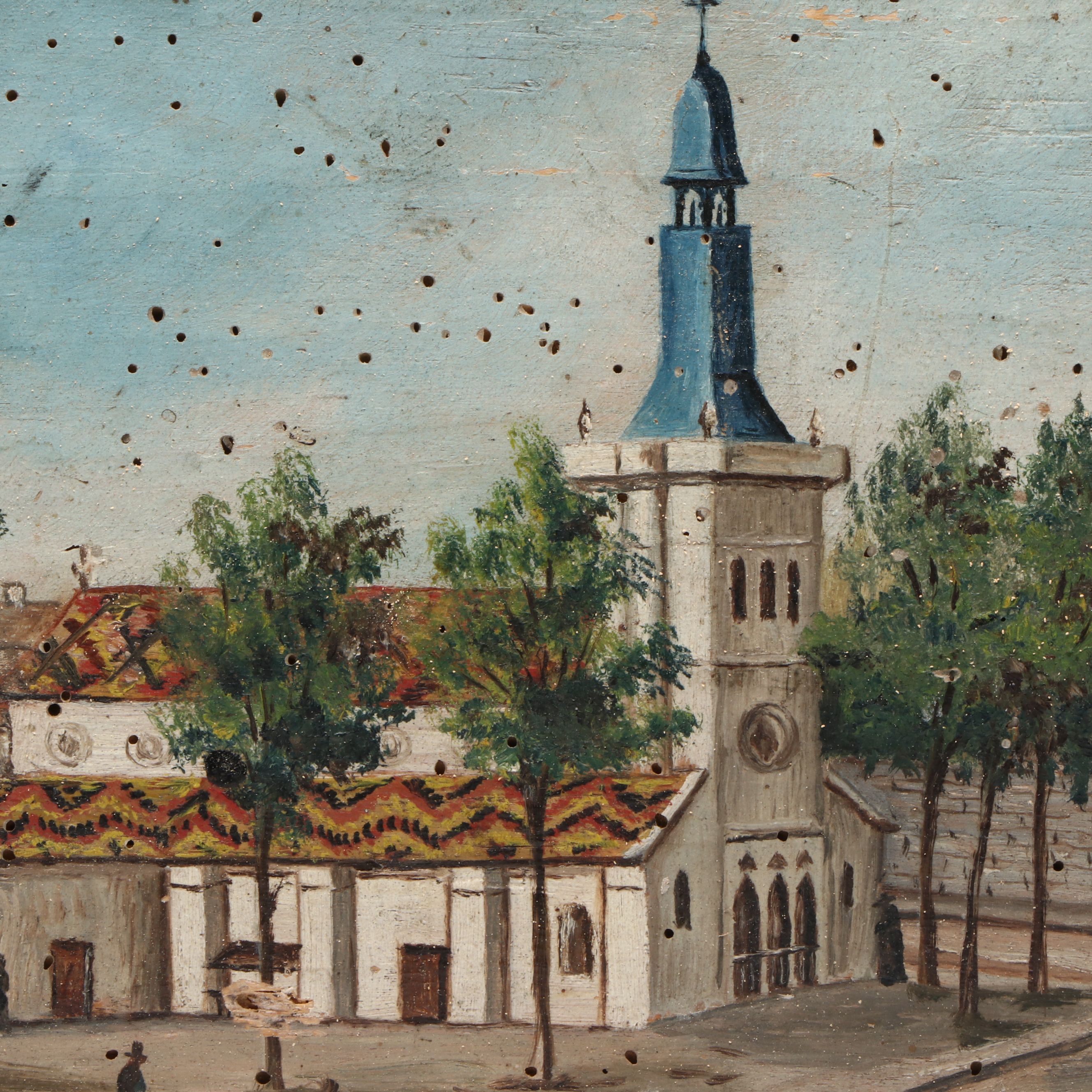 Antique French School Oil Painting of Church